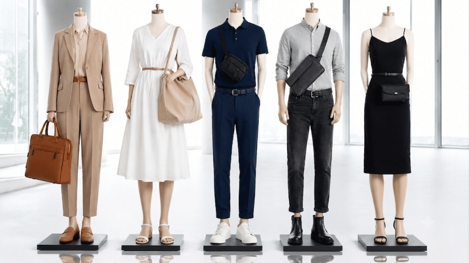 _Men’s and women’s outfits styled with structured bags, totes, crossbody bags, and matching accessories