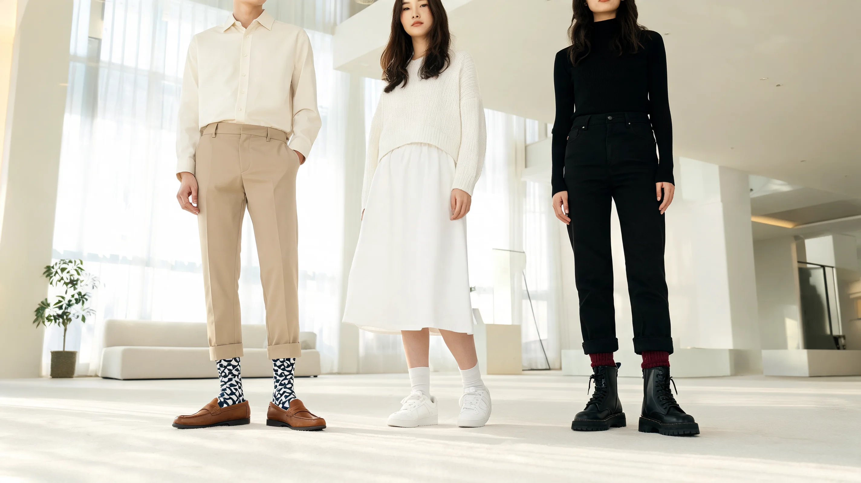 men’s and women’s outfits styled with visible patterned and ankle socks for a smart outfit detail