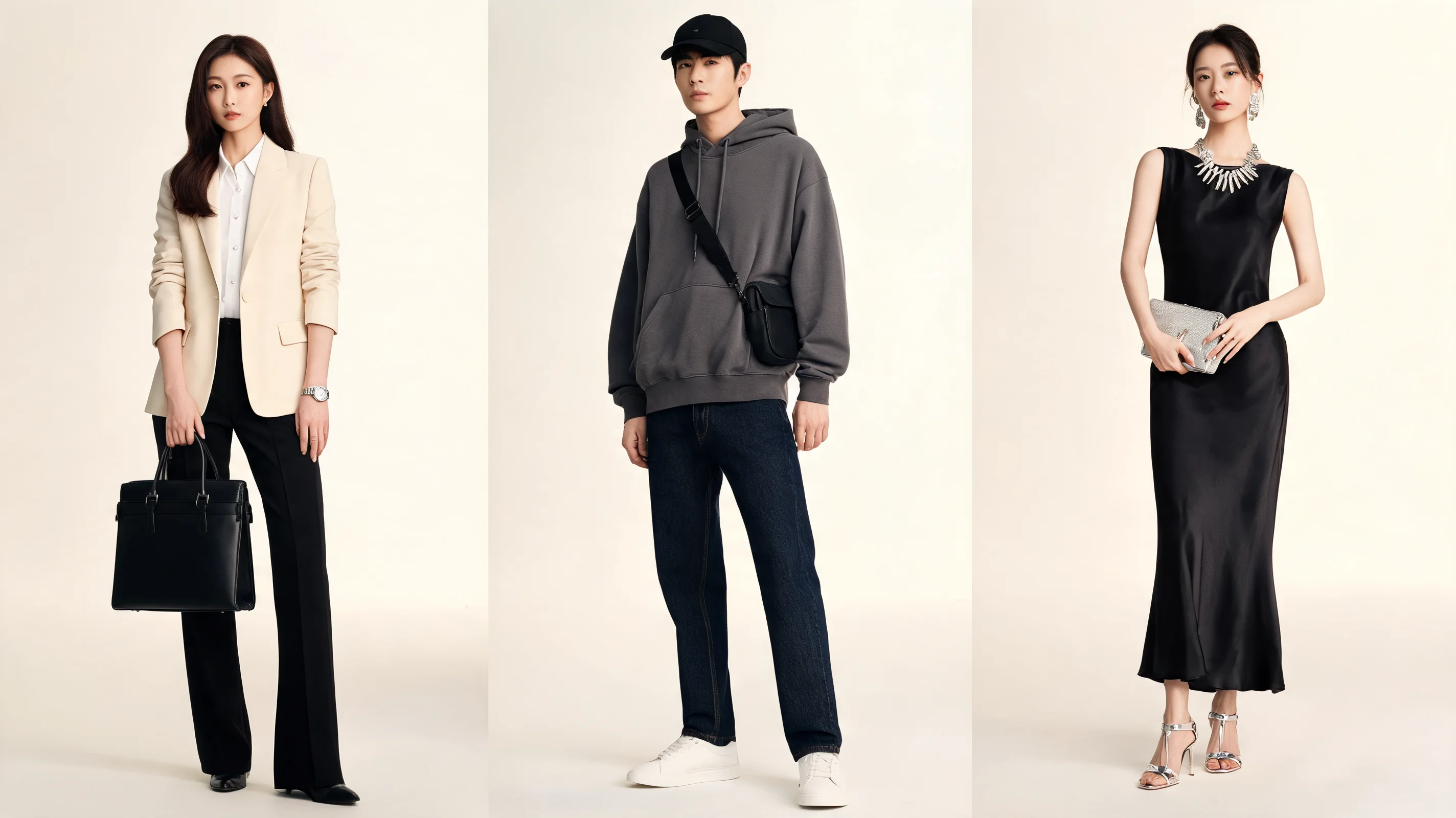 men’s and women’s work, casual, and evening outfits styled with accessories for different occasions