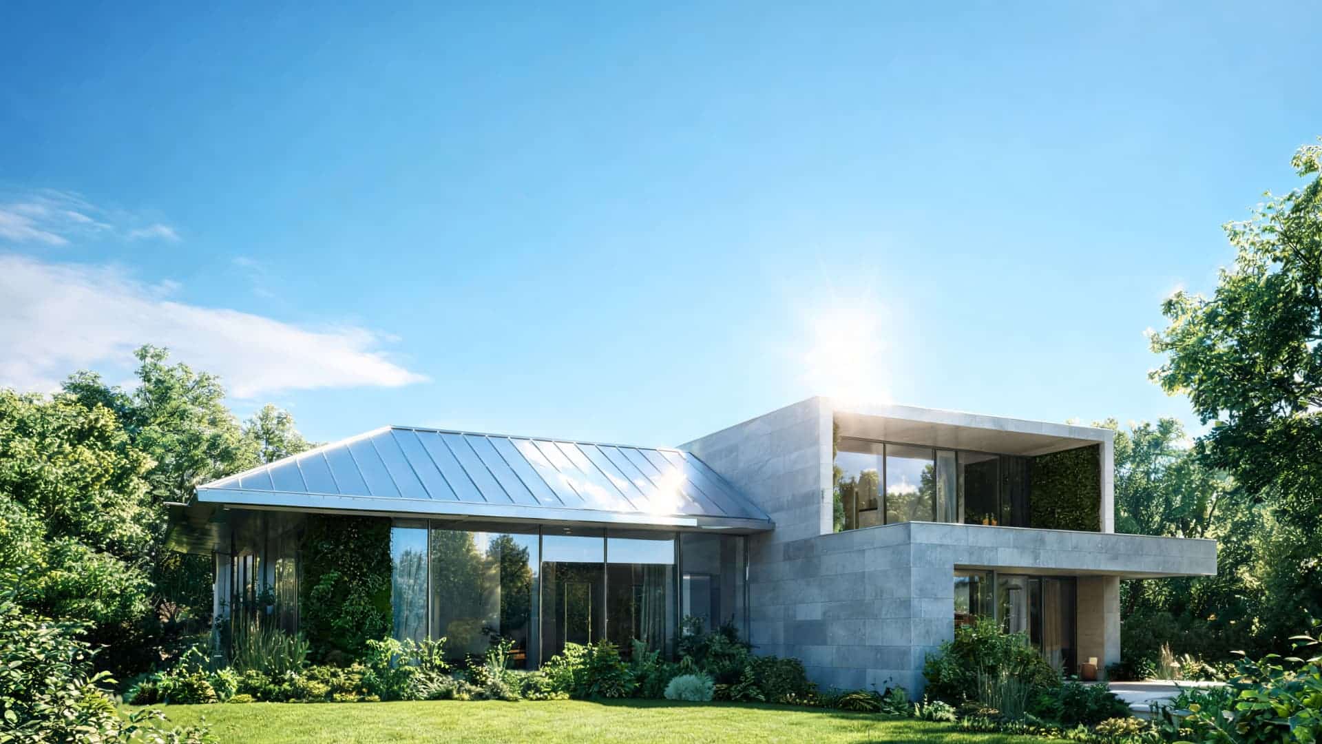modern eco friendly house with metal roof surrounded by lush green garden under blue sky