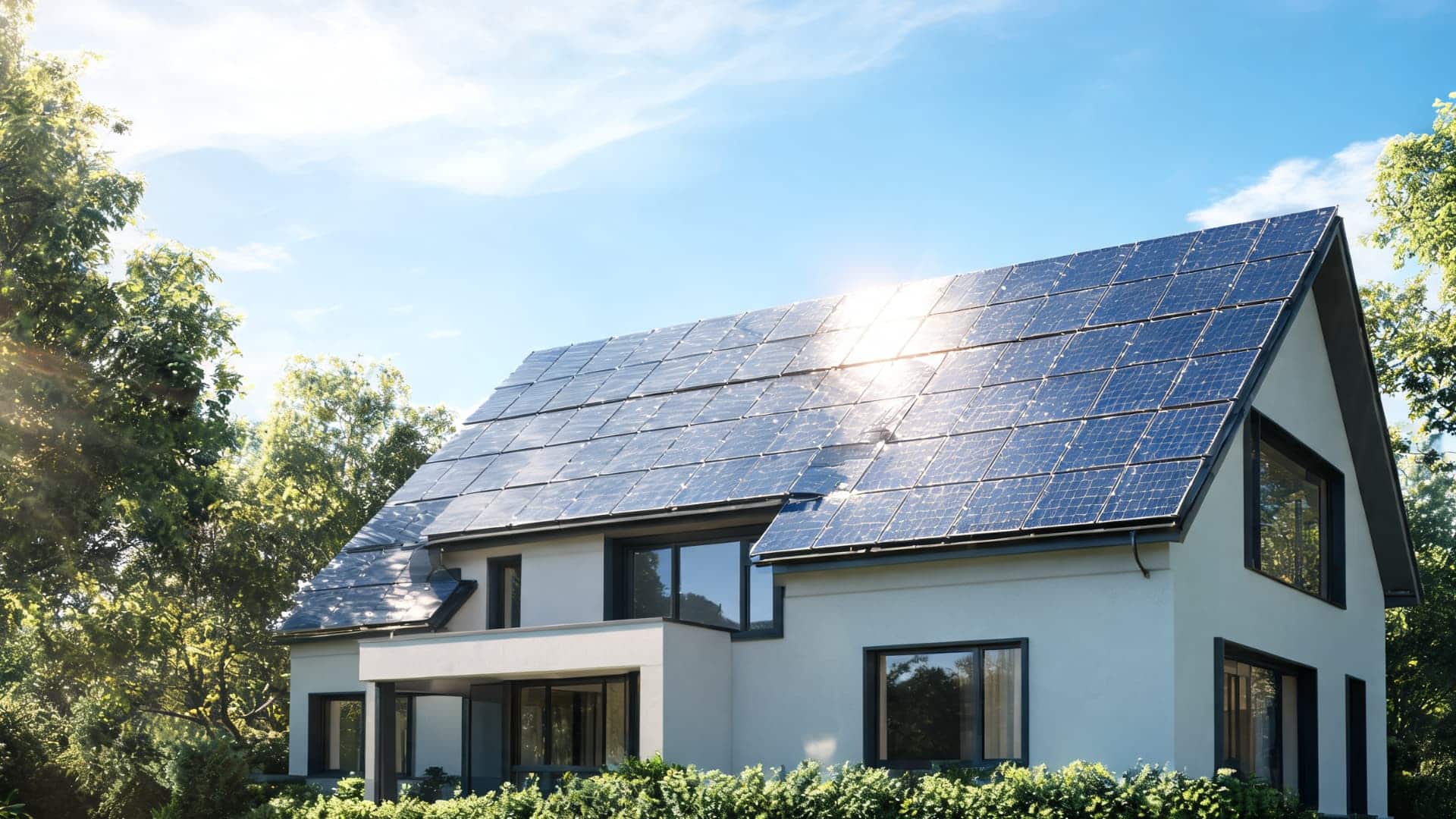 modern eco friendly house with solar panel roof surrounded by green trees and garden under blue sky