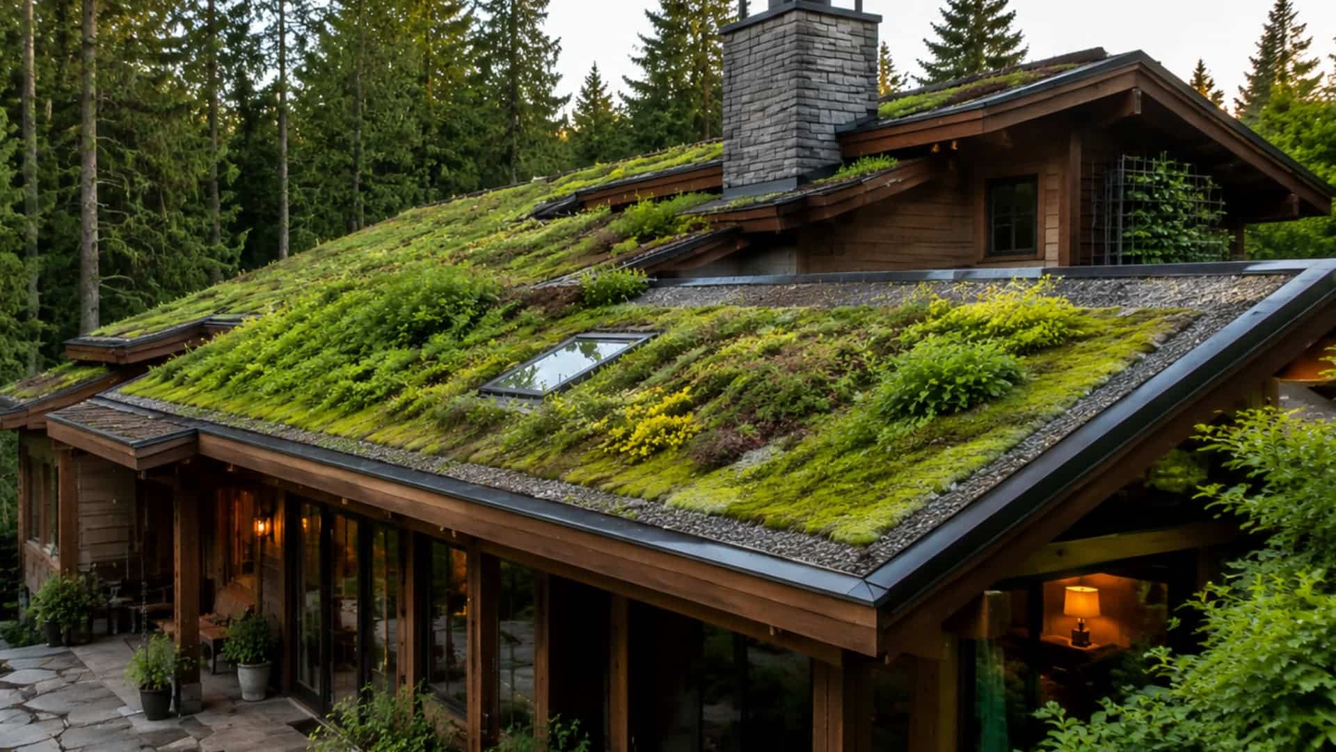 modern eco house with lush green roof surrounded by forest natural sustainable architecture