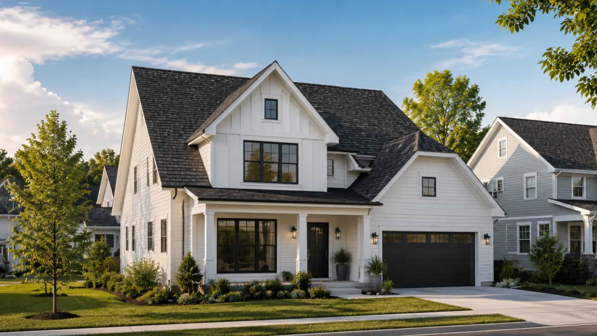 modern suburban house with asphalt shingle roof in quiet neighborhood with green lawn and trees