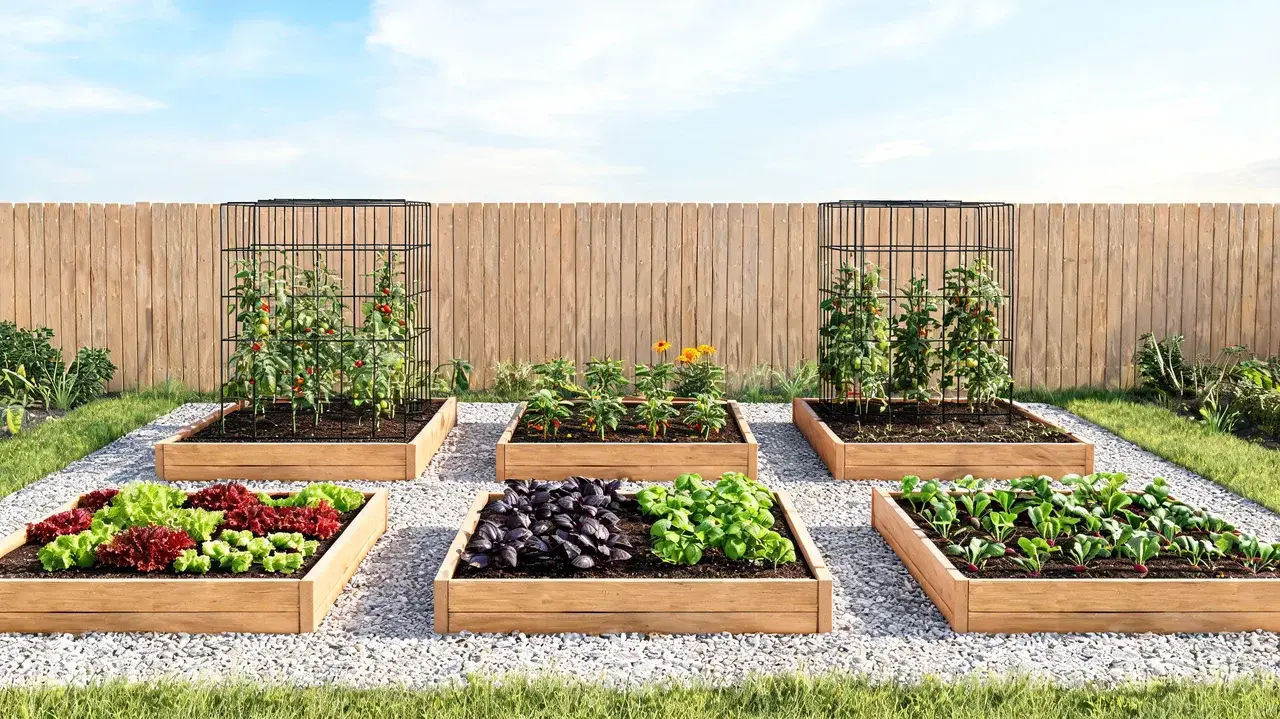 modern vegetable garden with raised beds and trellises