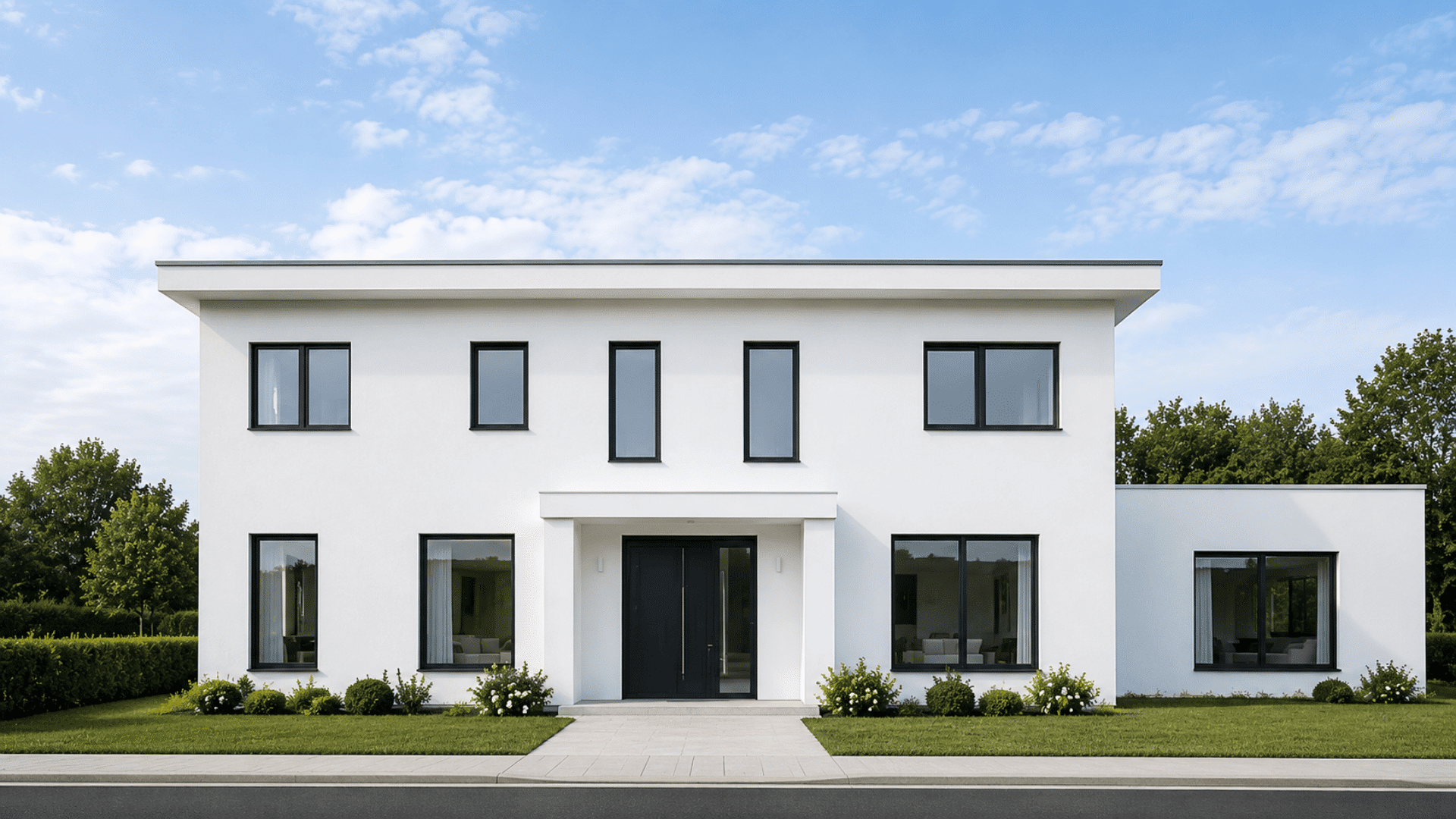 Modern white house exterior with black framed windows, flat roof, and landscaped lawn