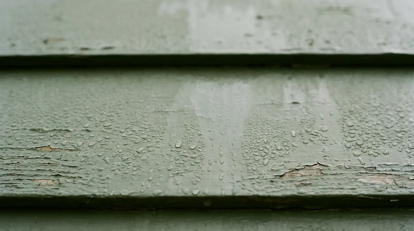 Rain droplets on green wooden siding with chipped paint in overcast lighting