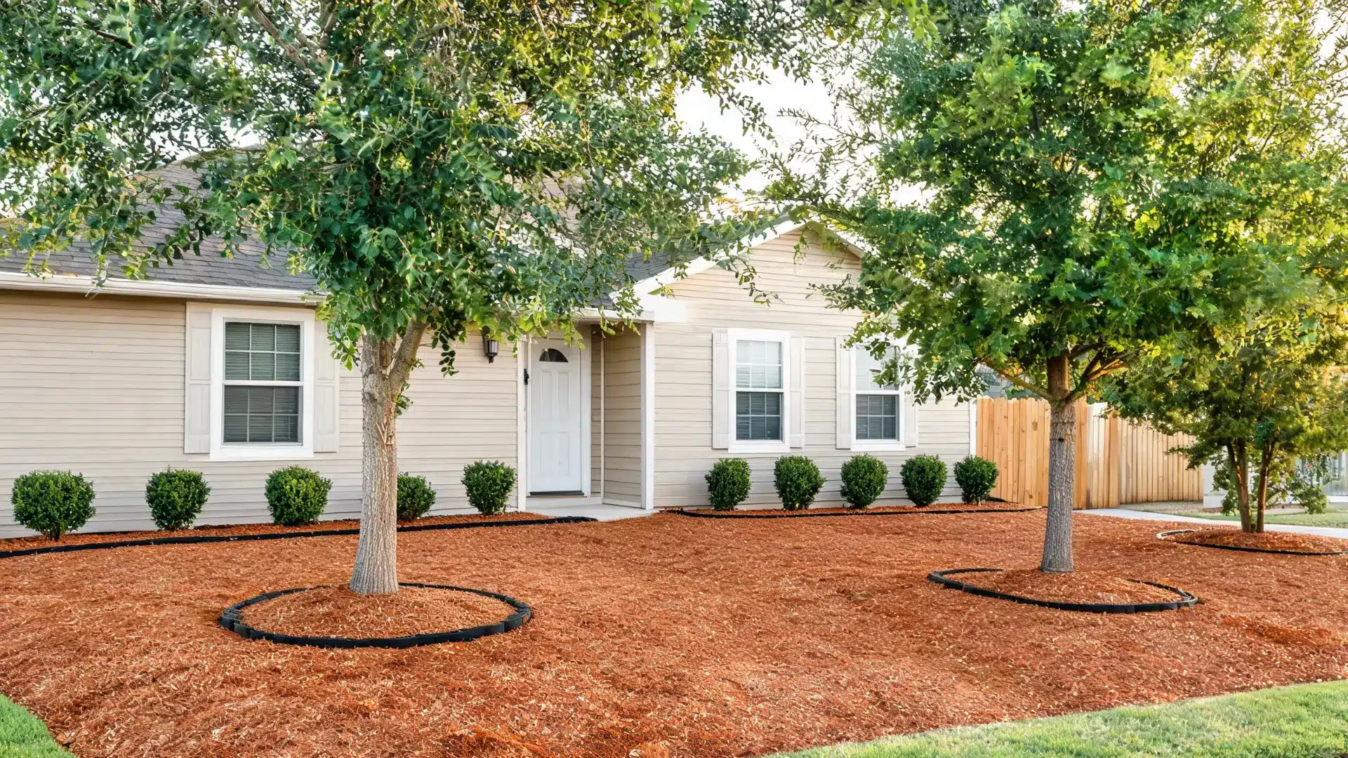 mulch bed strips around trees and shrubs in a clean low maintenance front yard design