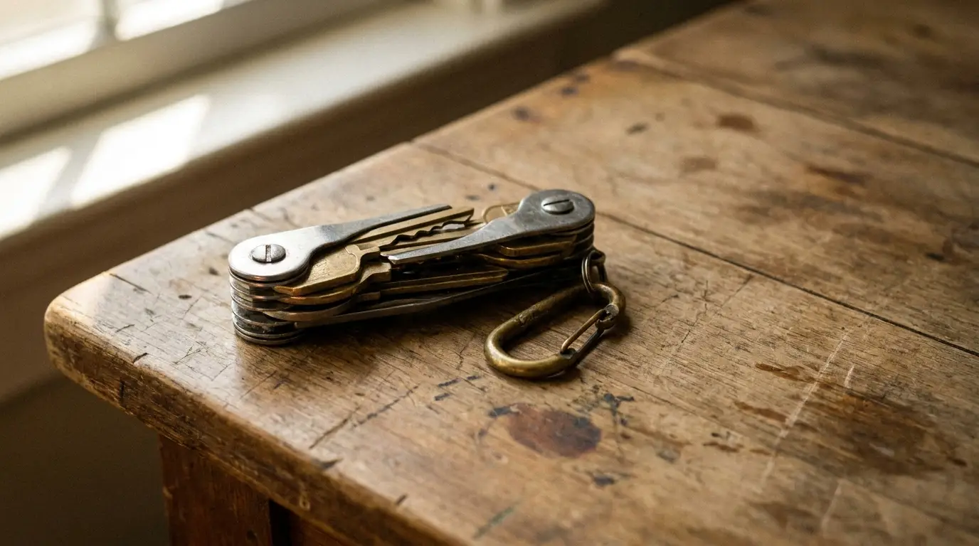 Folded keychain multitool on rustic wooden table in natural daylight