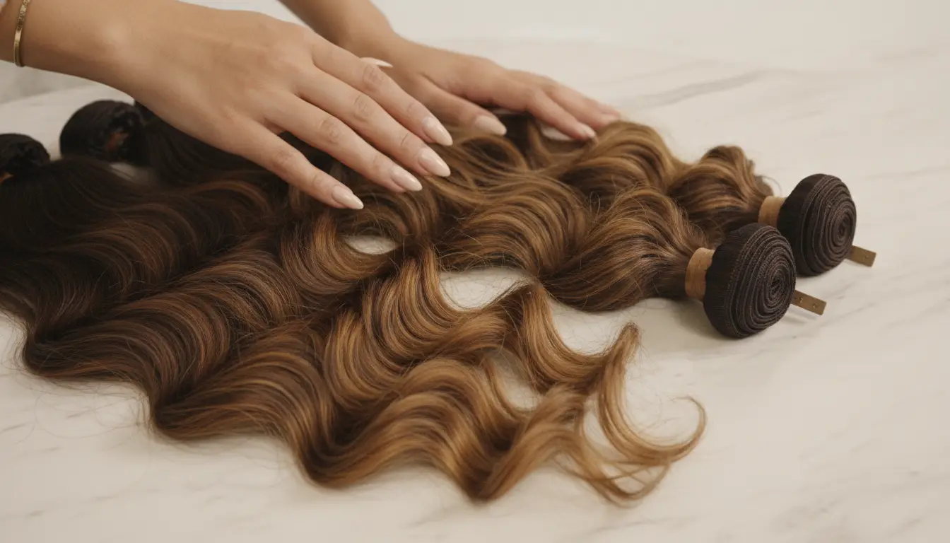 Hands arranging long, wavy brown hair extensions on a marble surface