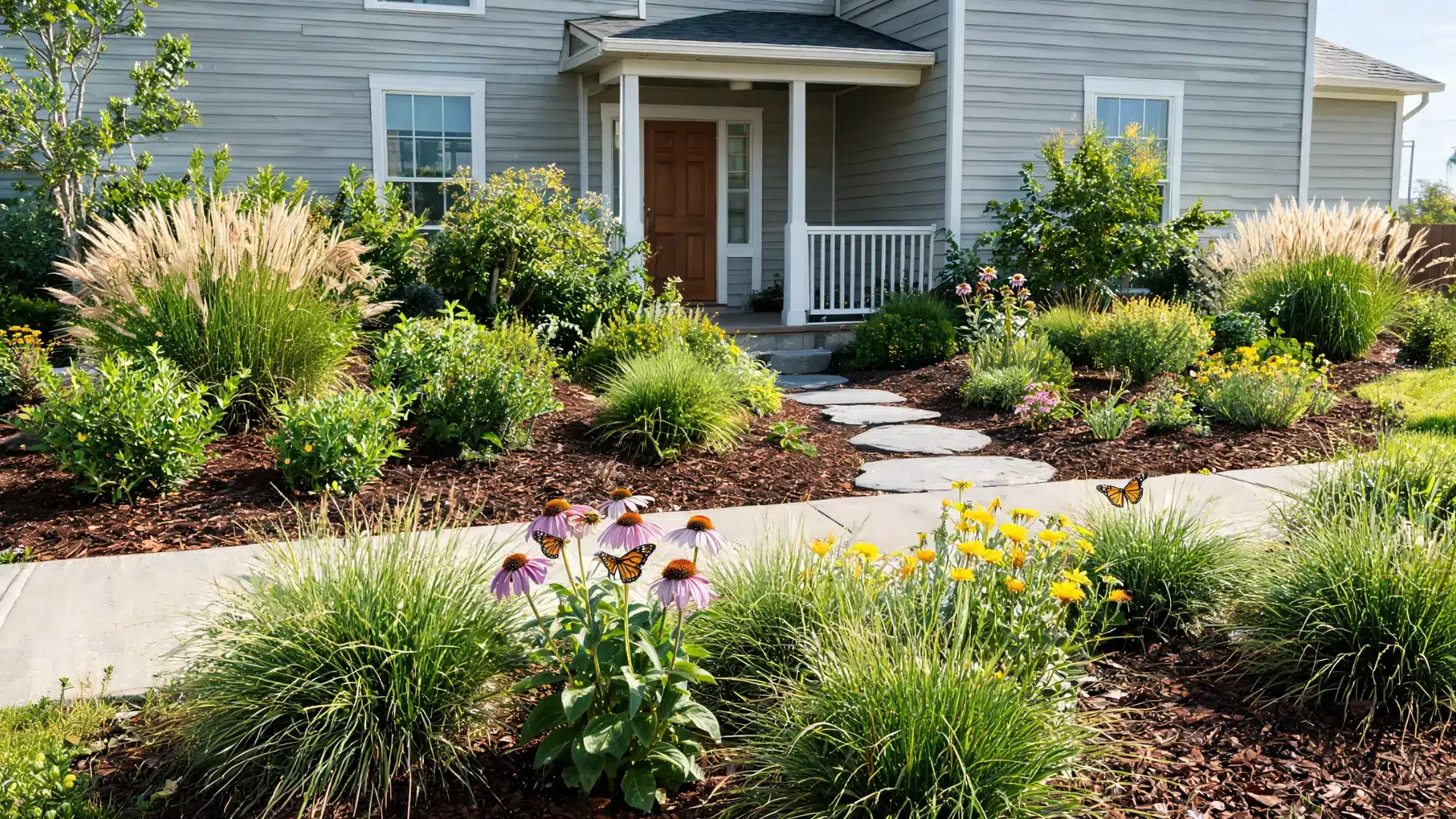 native plant front yard with grasses shrubs and mulch for low maintenance eco friendly landscaping