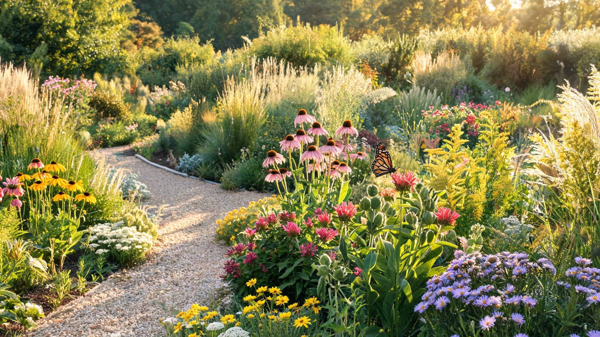 Garden path with purple, yellow, and pink flowers surrounded by green plants and grasses