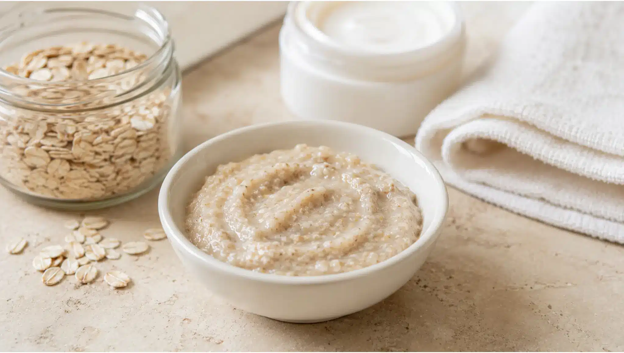 oatmeal natural exfoliant paste with honey and water for dry sensitive facial skin