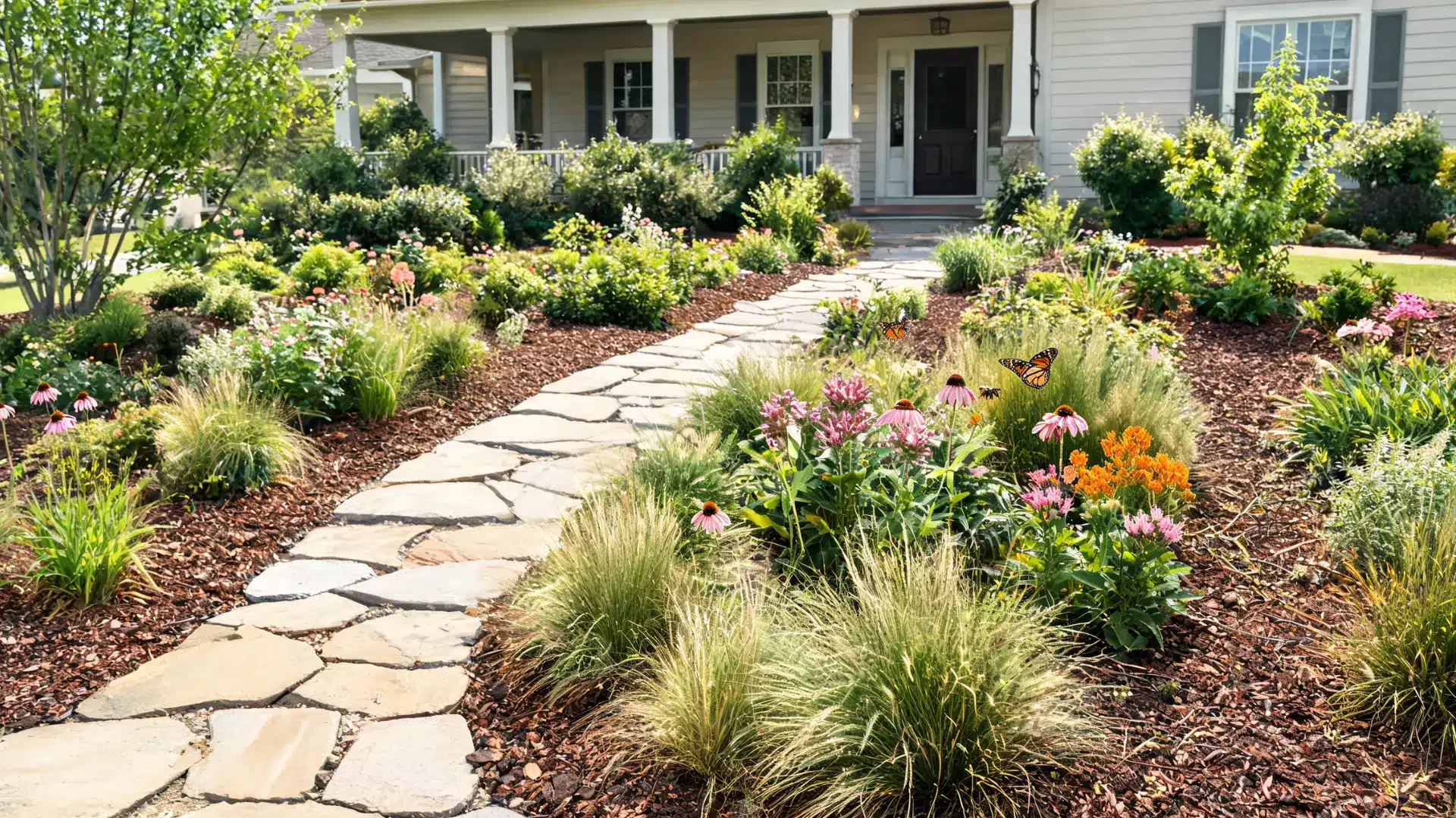 ornamental grasses grouped in front yard with gravel and rocks low maintenance modern landscaping