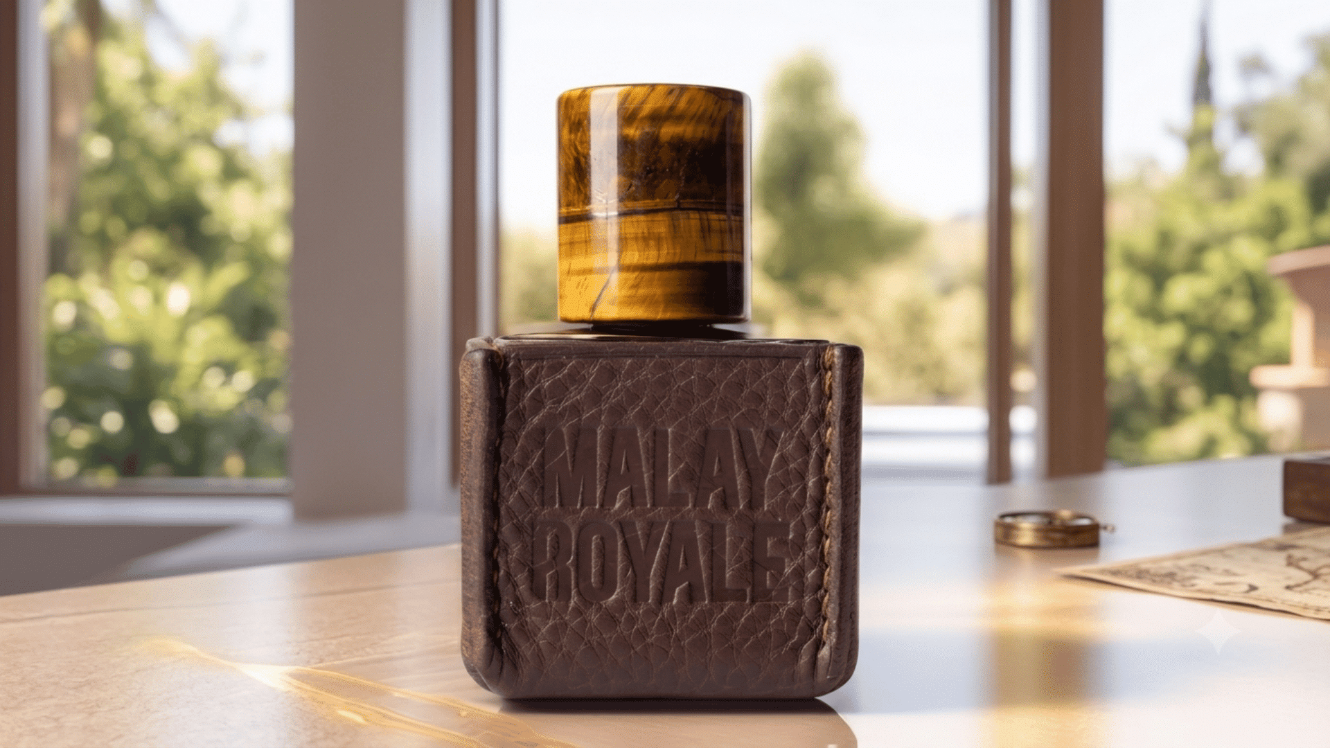 Oud perfume bottle with wooden cap displayed on a table near a window