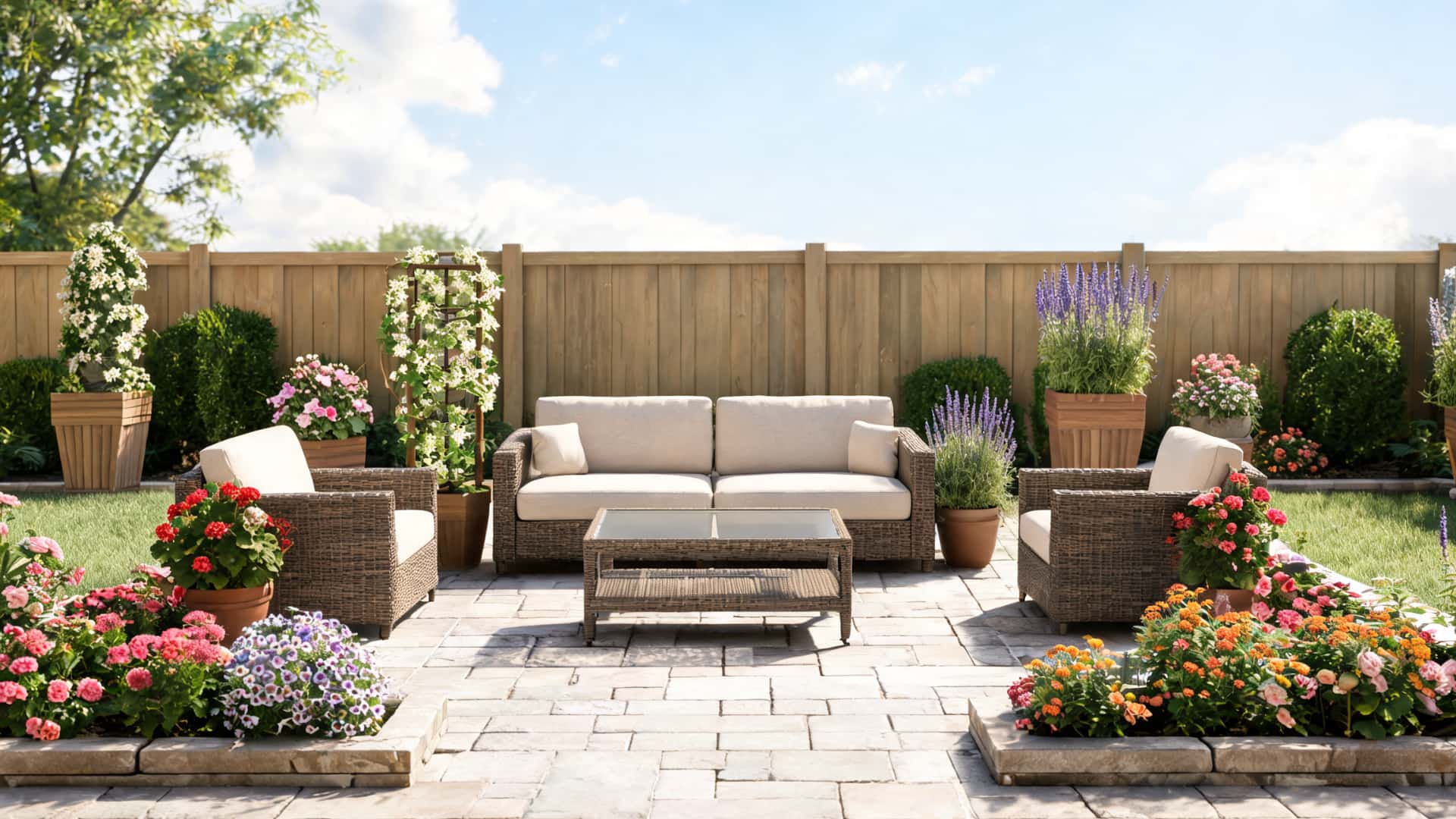 patio flower garden with wicker seating, stone pavers, raised beds, colorful blooms, planters, and wood fence