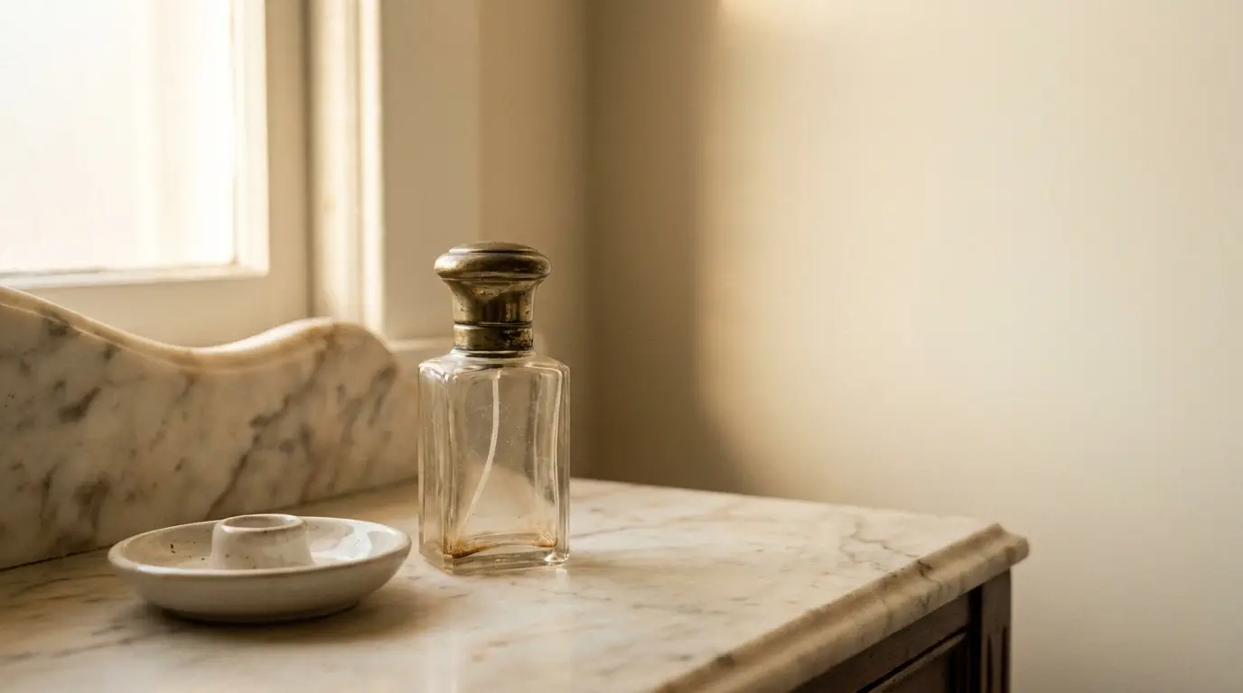 Vintage glass bottle and dish on marble countertop in warm, softly lit room