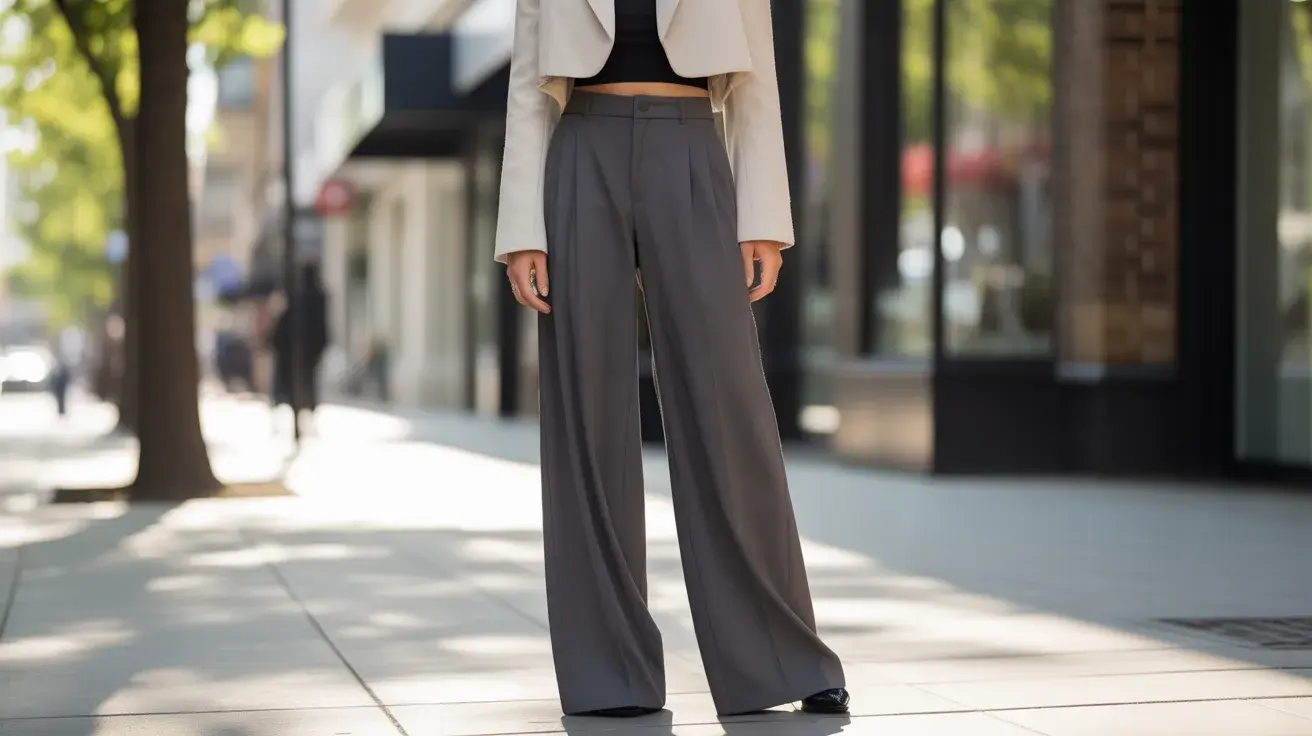 person in a black crop top grey wide leg trousers and a white cropped jacket posing on a sunny city sidewalk