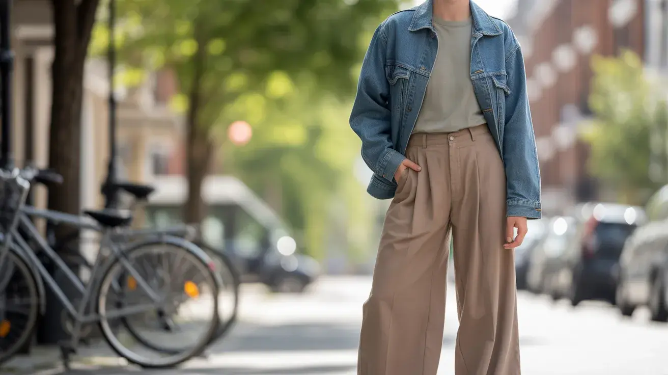 person in a denim jacket and tan wide leg trousers standing on a city street with bicycles and cars in the background