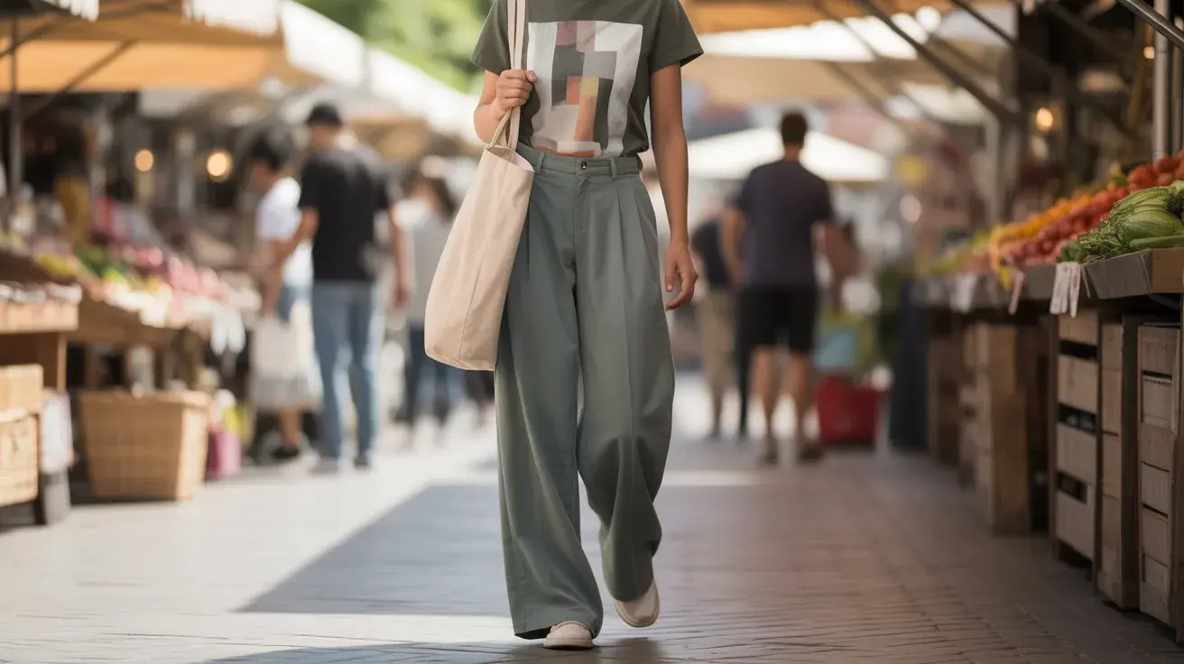 person in a green graphic tee and teal wide leg trousers walking through an outdoor market with a beige tote bag