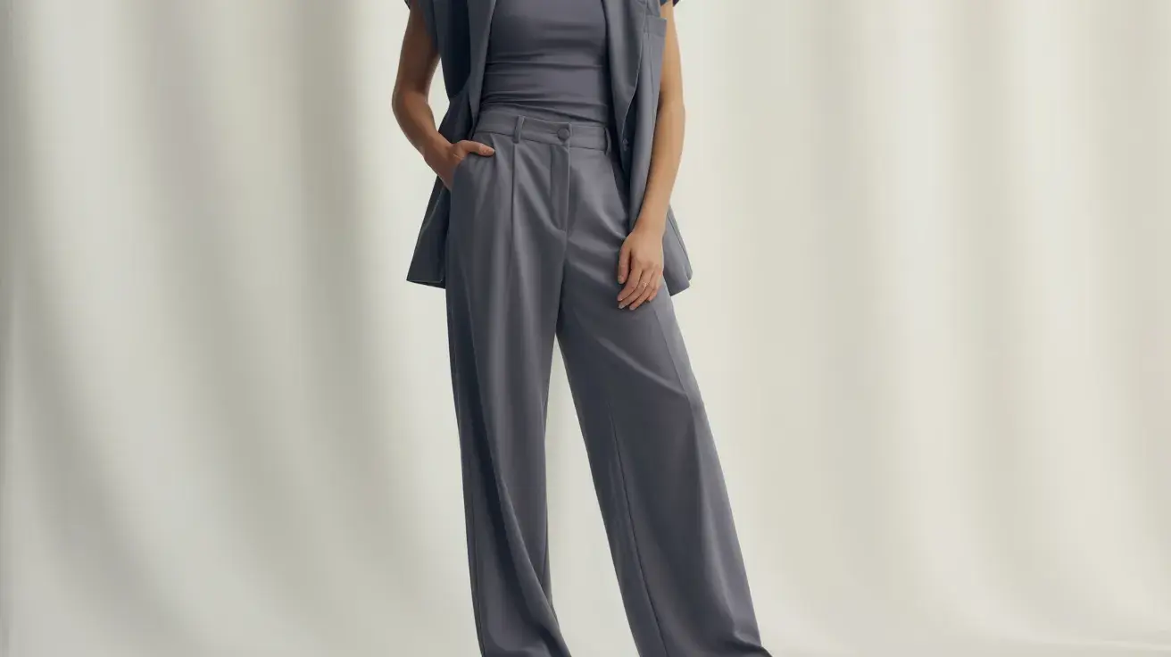 person in a grey tank top and grey wide leg trousers posing indoors against a white draped background