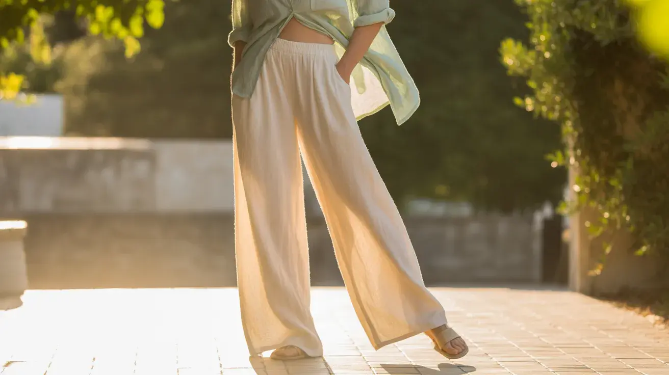 person in a sage green button down shirt and cream wide leg trousers posing in sandals on a sunny patio