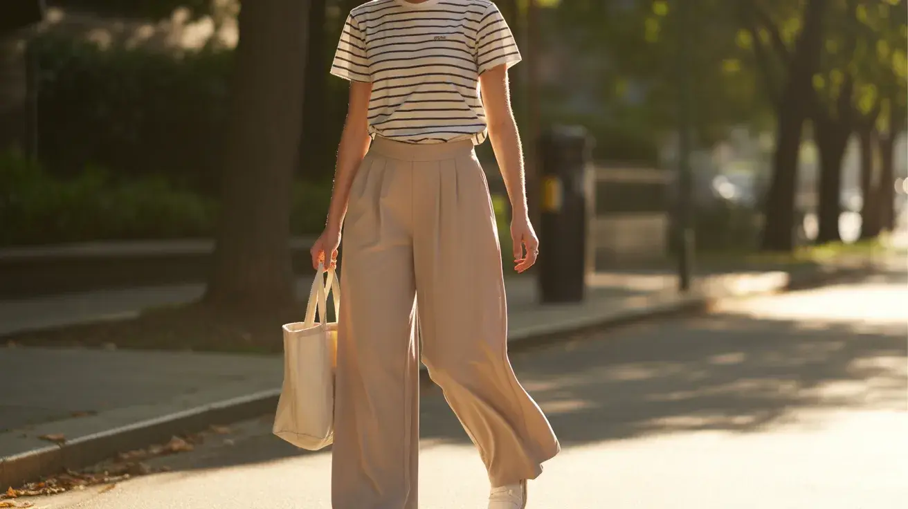 person in a striped t-shirt and tan wide leg trousers walking outdoors with a white tote bag on a sunny day