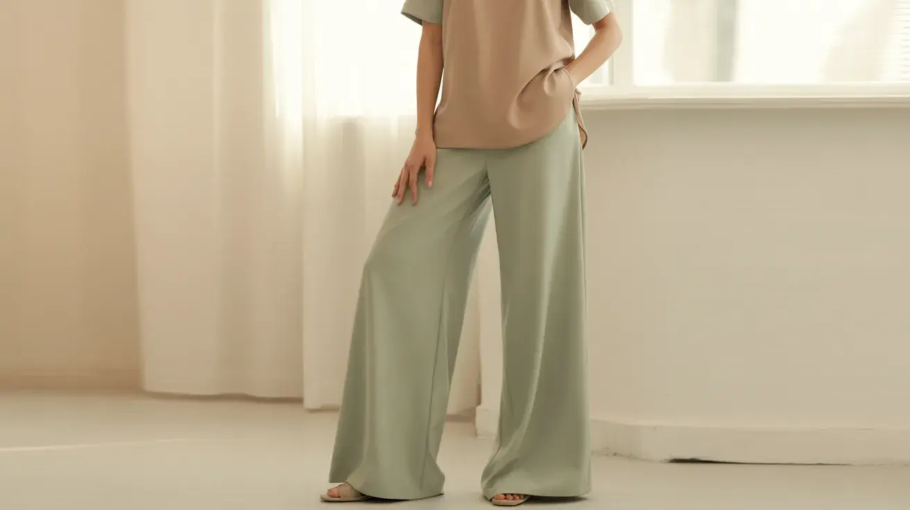 person in a tan short sleeve top and sage wide leg trousers posing indoors in sandals near a window