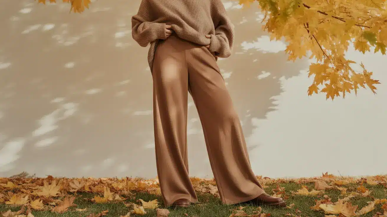 person in an oversized brown knit sweater and tan wide leg trousers standing on grass covered in autumn maple leaves