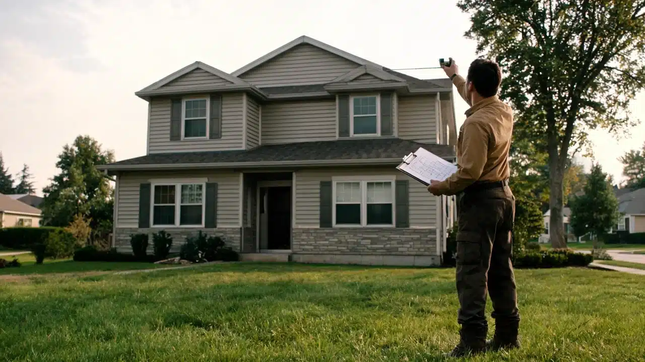 person measuring house height from front lawn with clipboard/