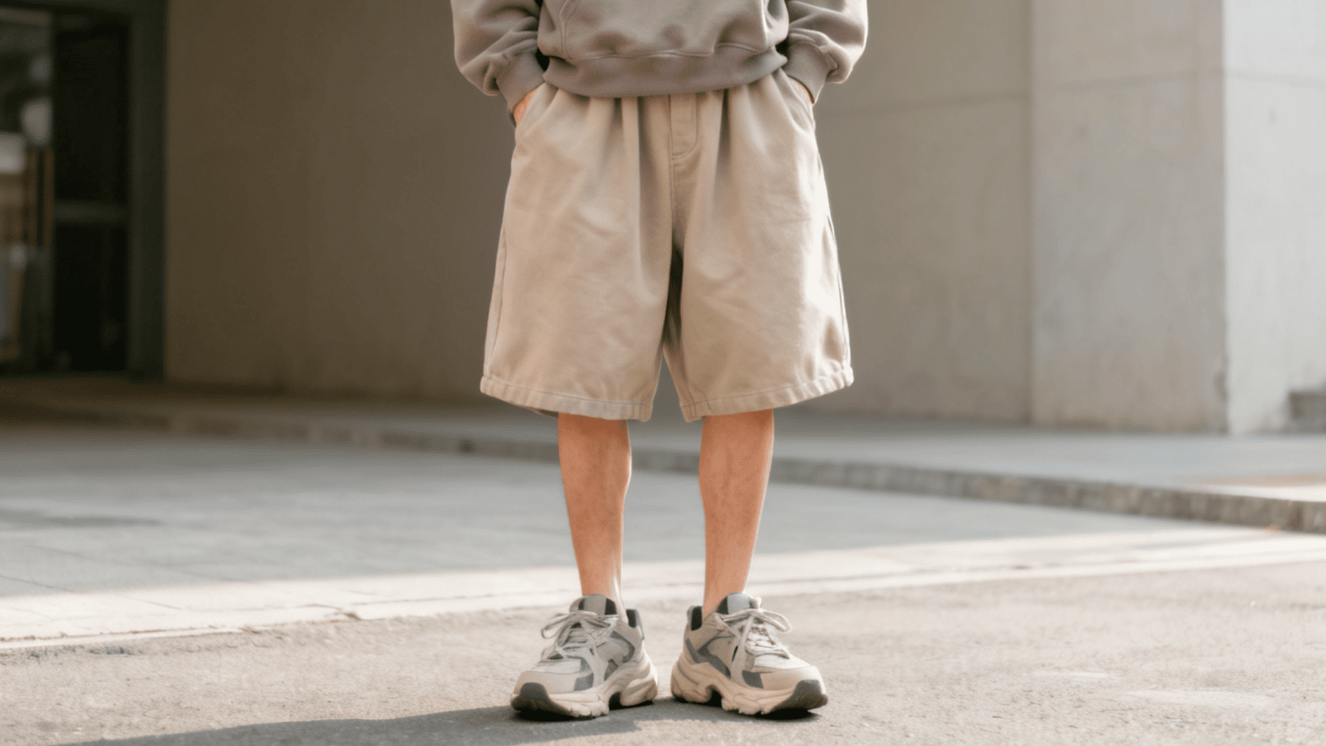 Person wearing baggy jorts with a hoodie and chunky sneakers outdoors.