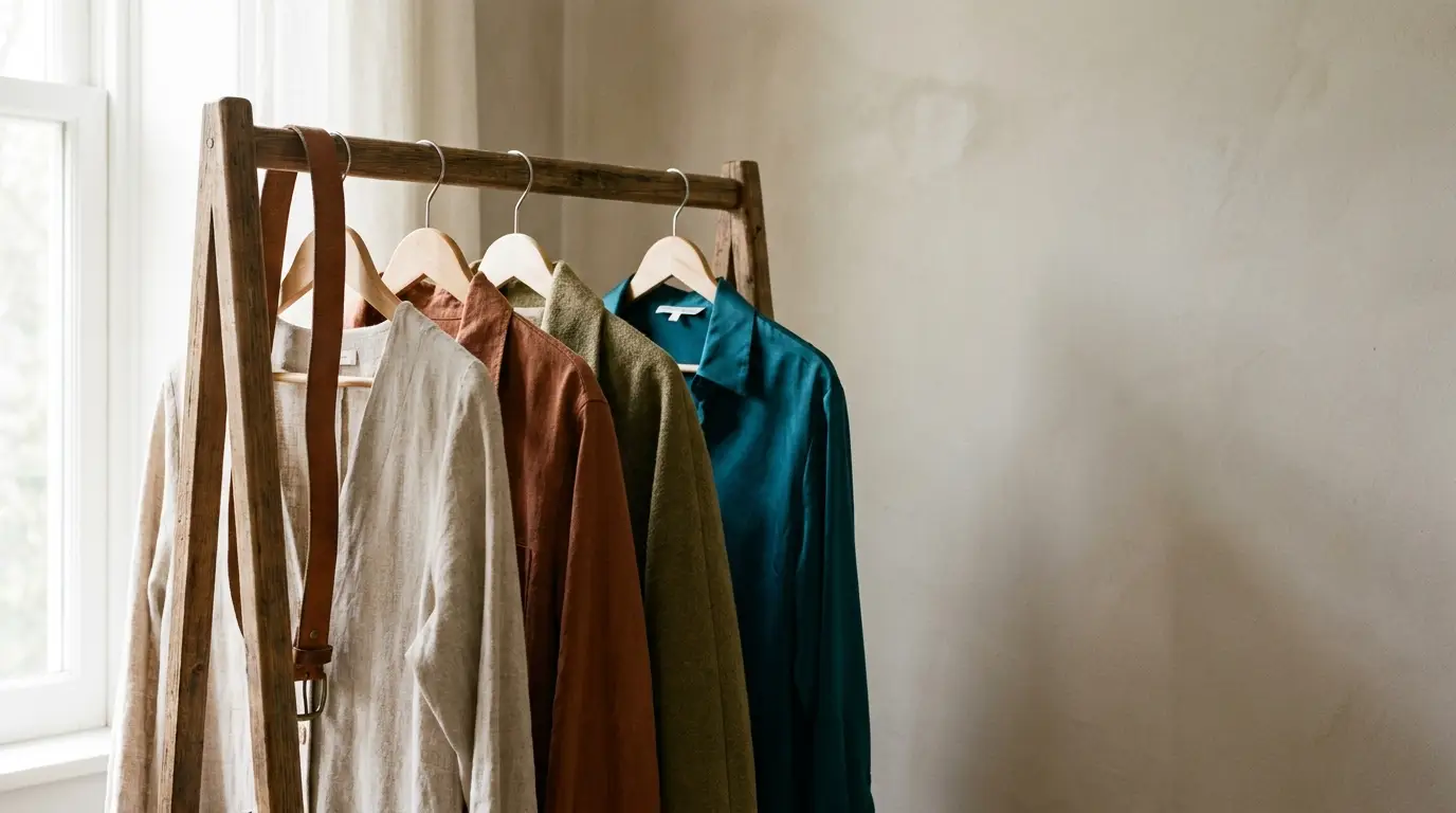 Clothing rack with shirts in various colors hanging in a softly lit room