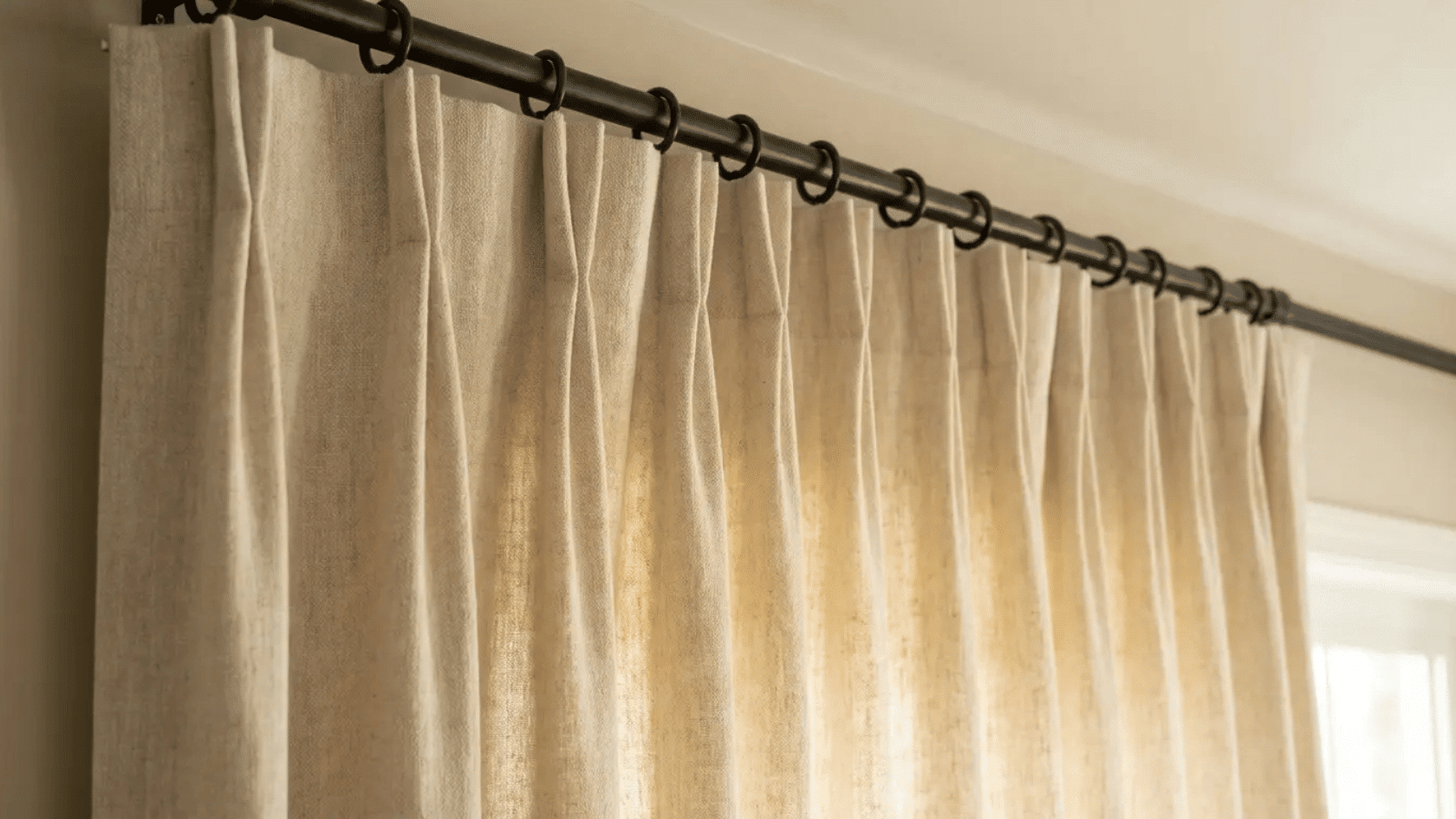 Beige pinch pleat curtains with structured folds hanging from a black curtain rod.