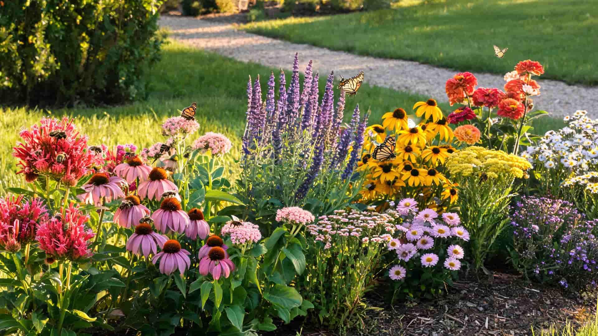 Flower bed with purple, yellow, pink, and red flowers beside a gravel path and lawn