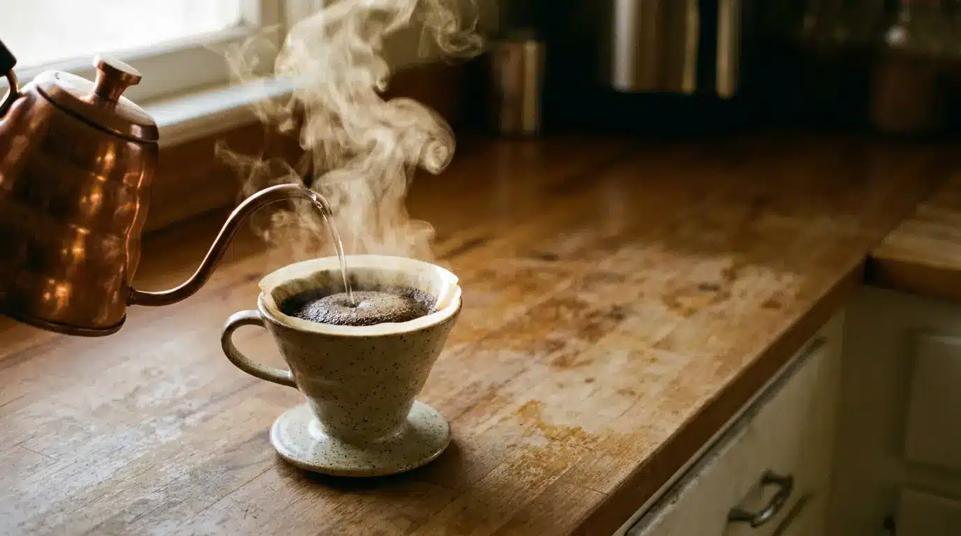 Pouring hot water over coffee grounds in ceramic dripper on wooden countertop