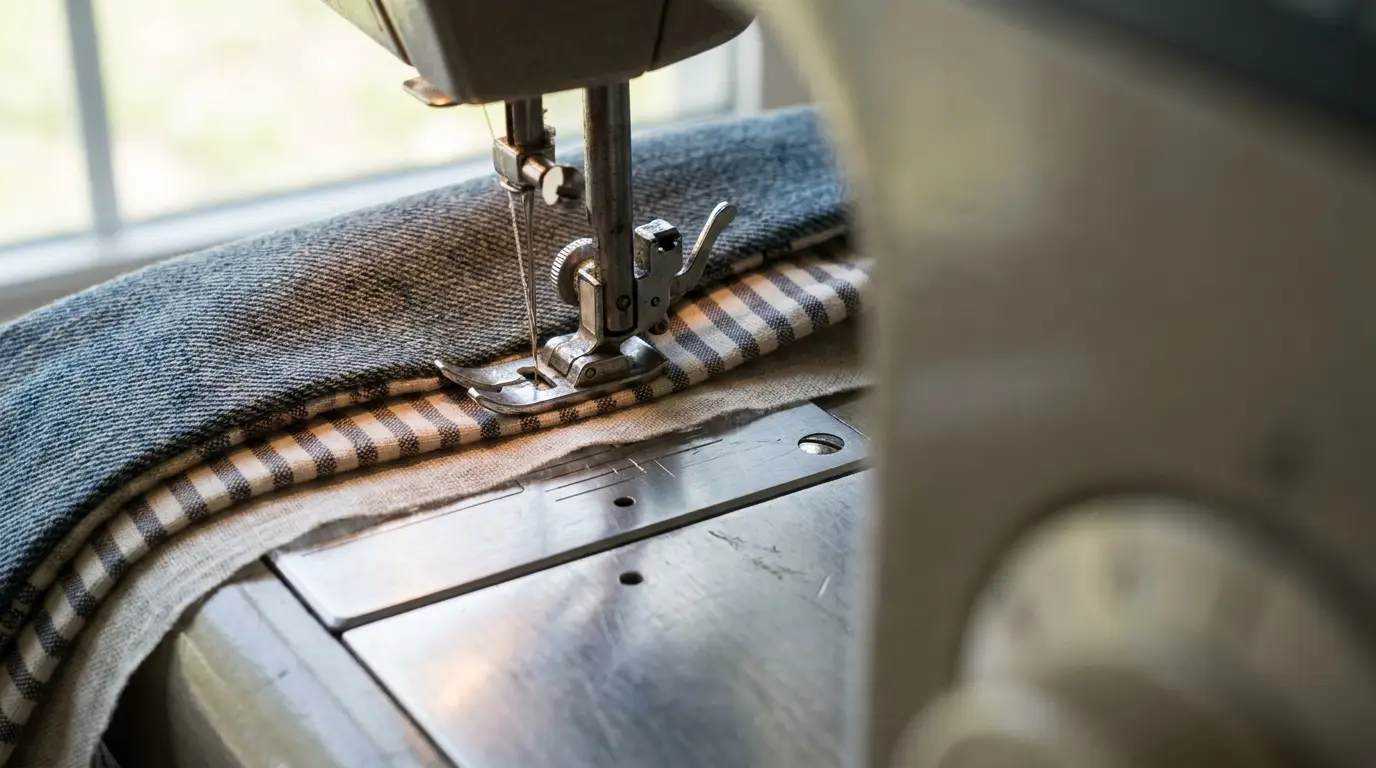 Sewing machine stitching denim and striped fabric under soft daylight