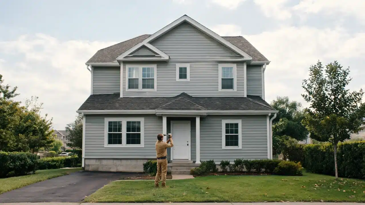 Professional measuring a two story suburban house to check how tall is a 2 story house.