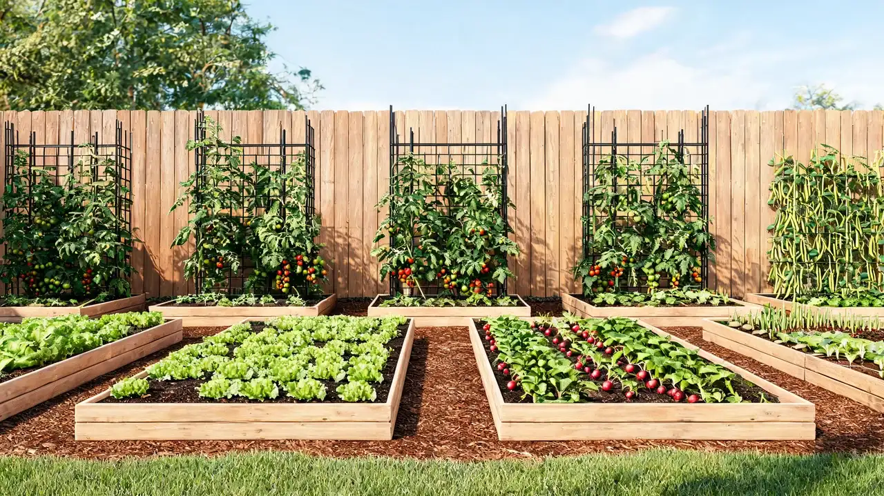 raised beds with trellised tomatoes and leafy greens