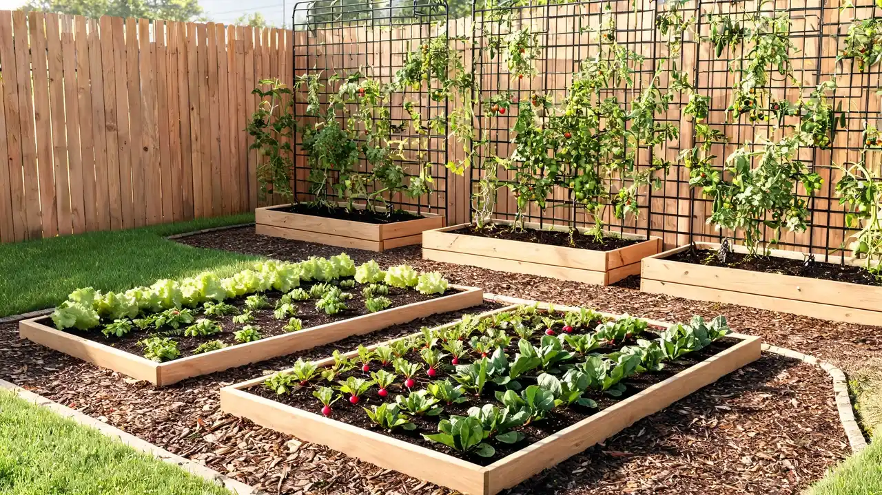 raised vegetable beds with trellised tomatoes and greens
