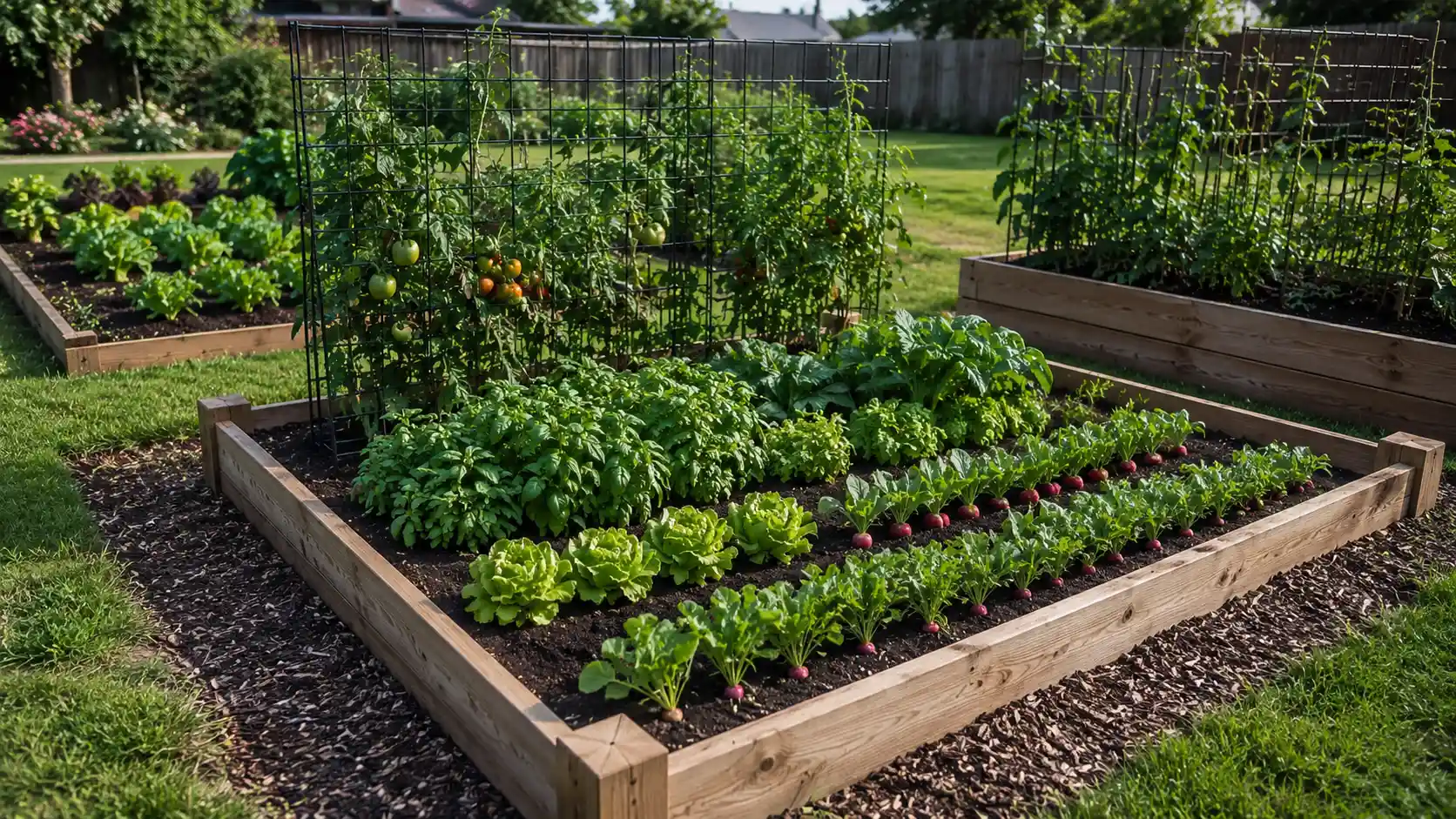 raised vegetable beds with trellises and leafy greens