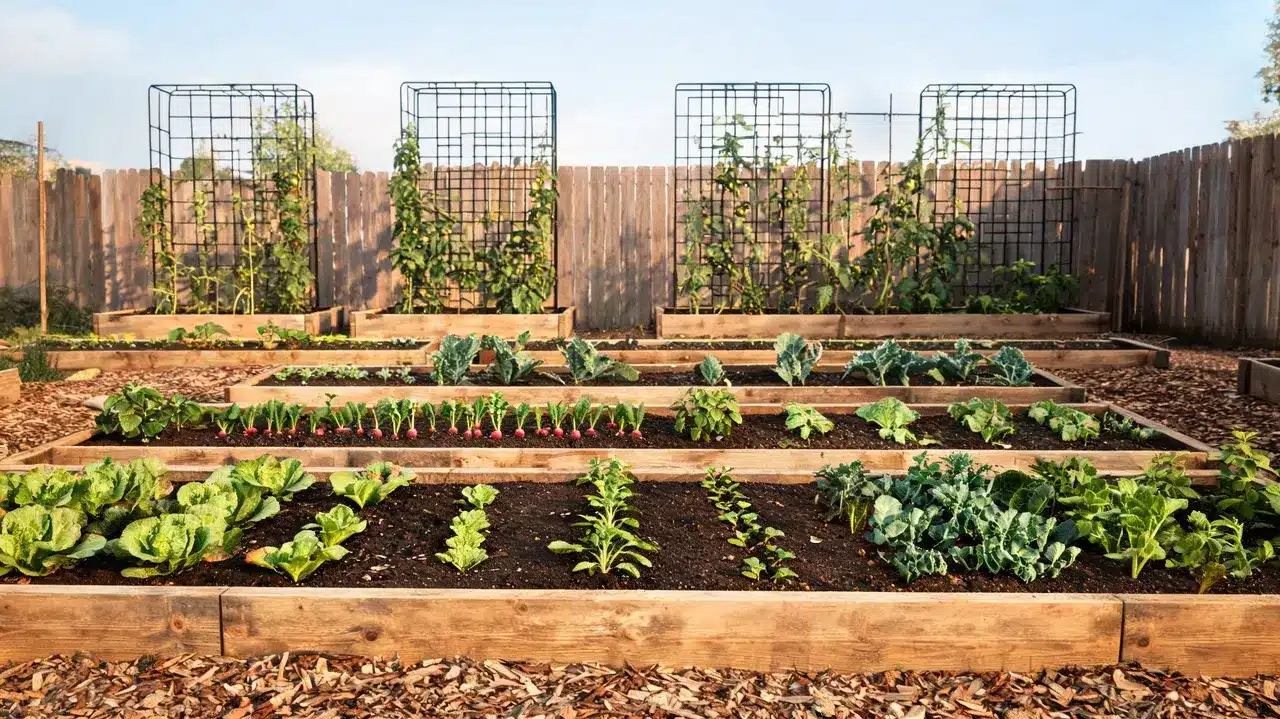 realistic raised vegetable garden with trellises and greens