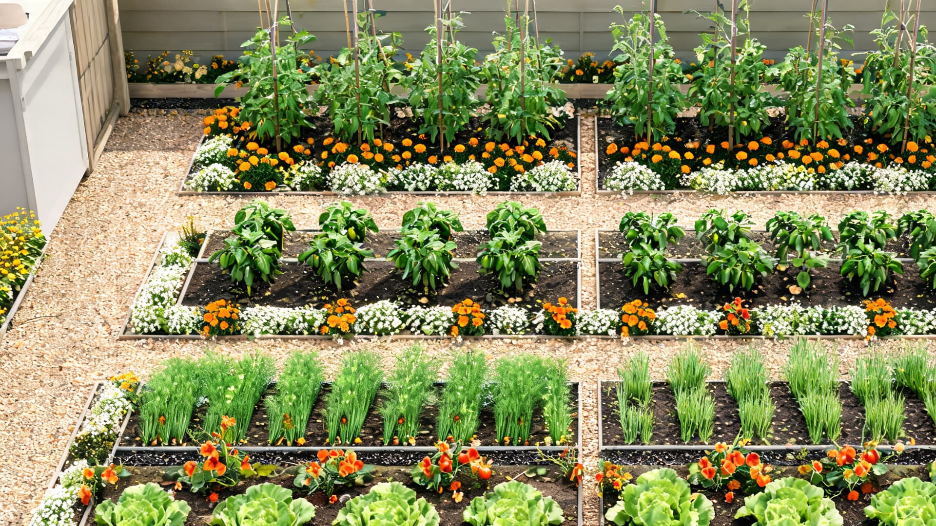 Vegetable garden beds with green plants, orange and white flowers, and gravel paths beside a house