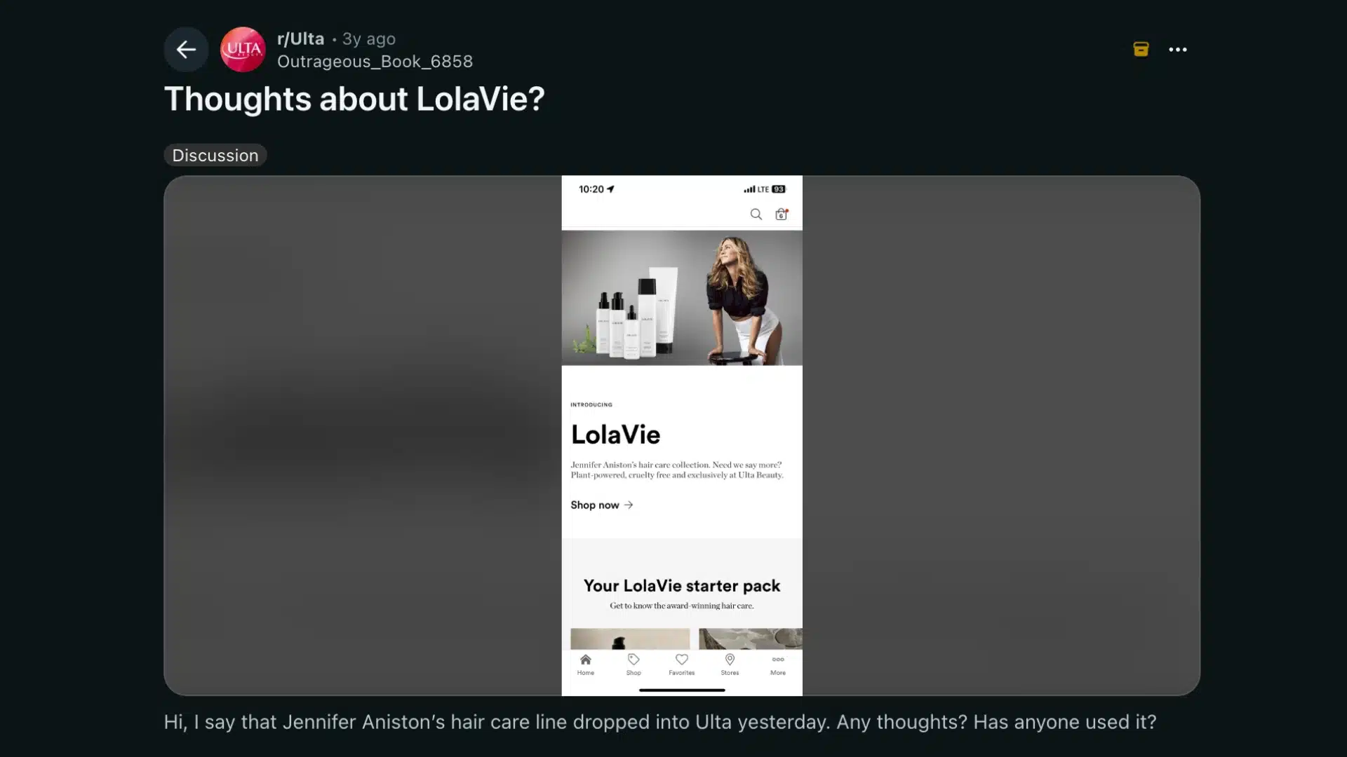 Reddit post showing a discussion about Jennifer Aniston’s LolaVie hair care line launch at Ulta.