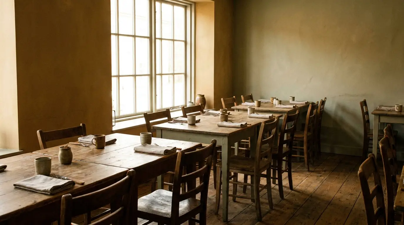 Rustic dining area with wooden tables and chairs by large window with natural light