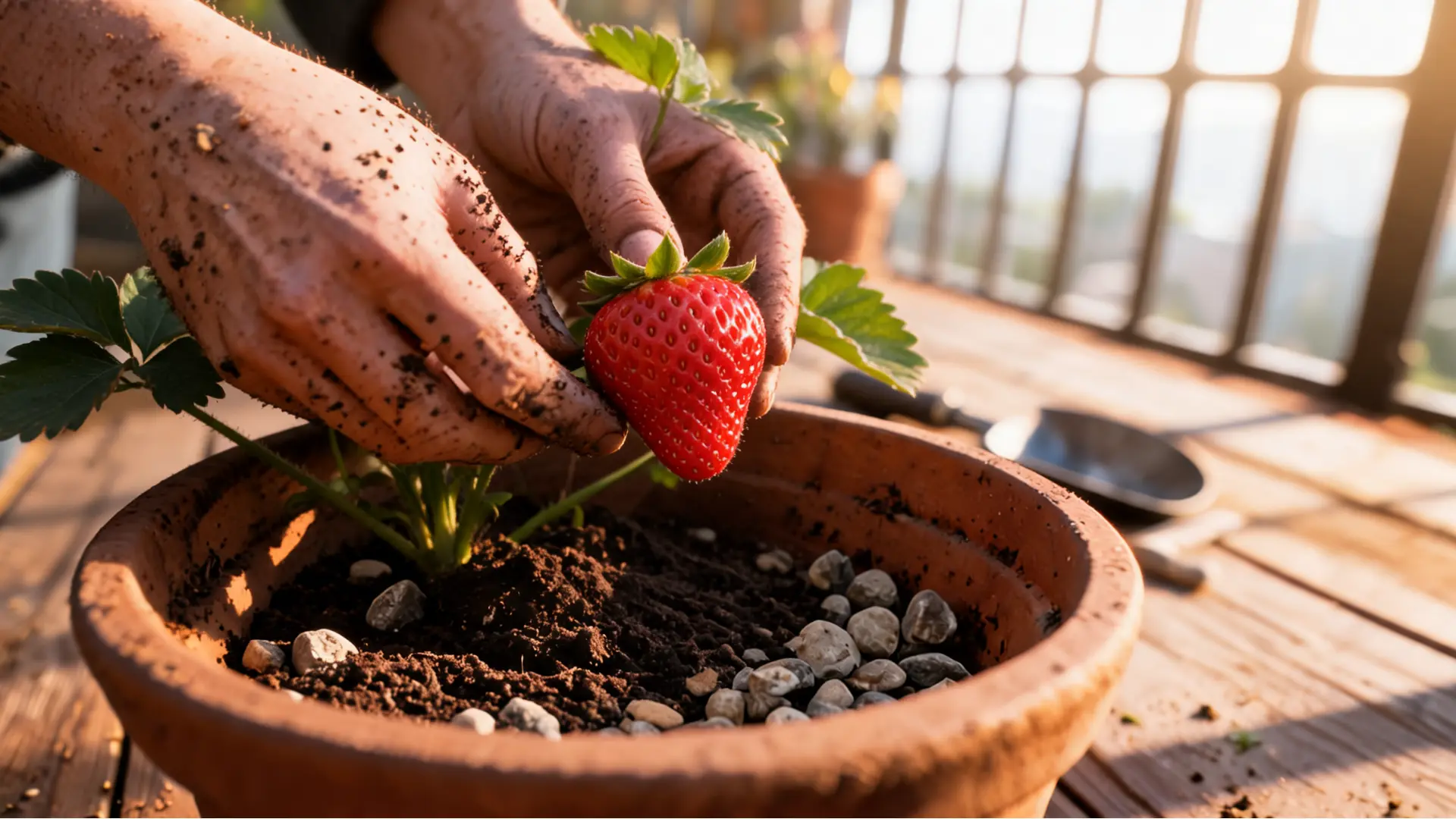 ripe strawberries being harvested from container plant with hands gently picking fresh fruit