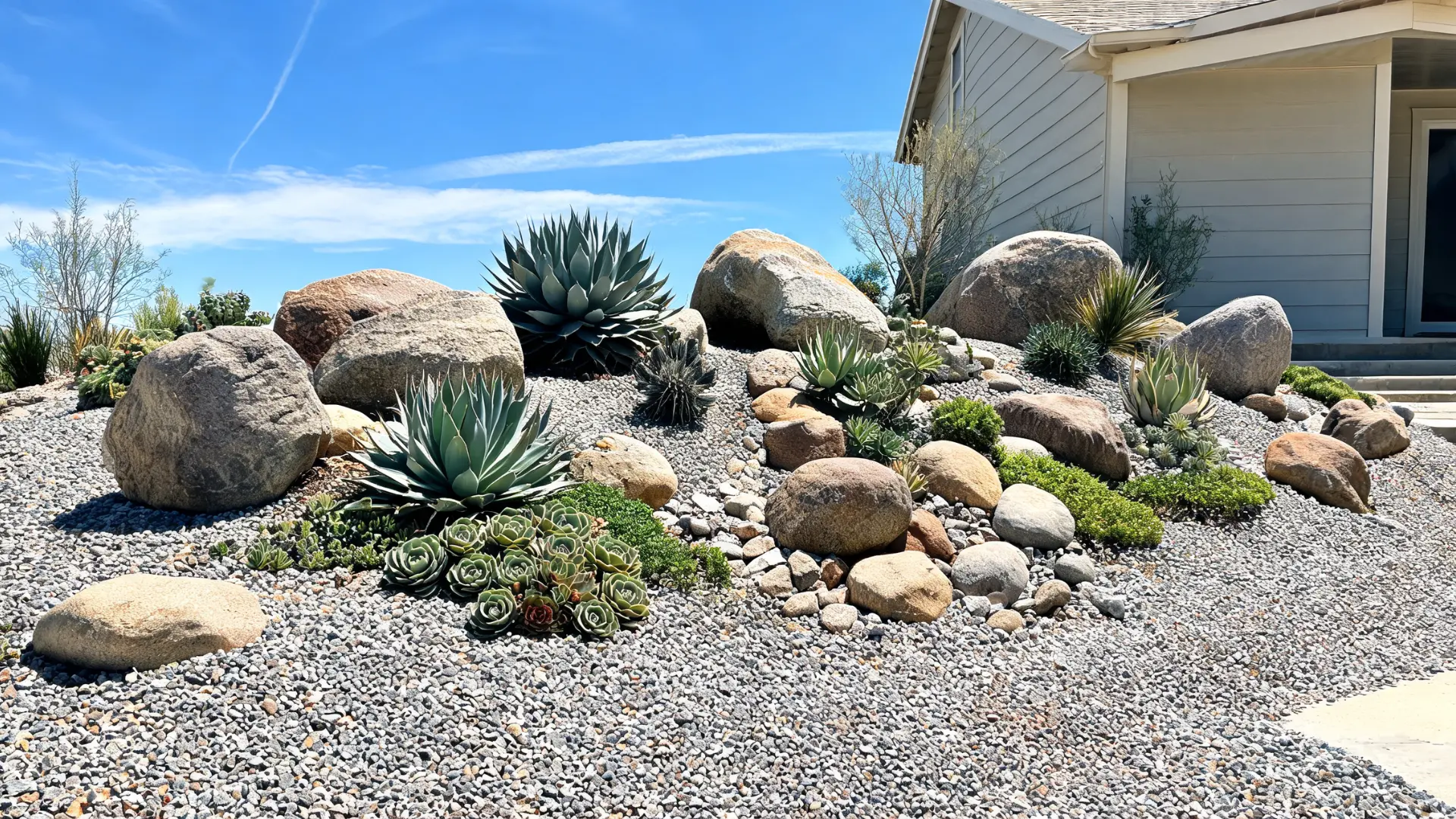rock garden with boulders gravel and succulents in dry low maintenance front yard landscape
