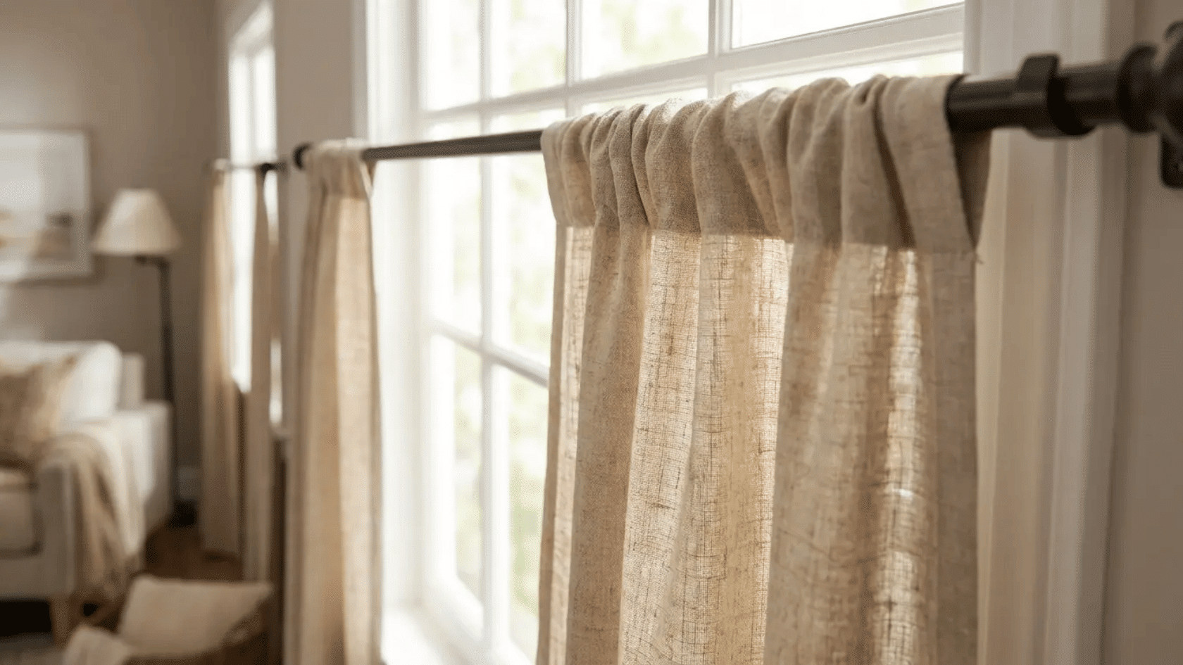 Linen curtain panels hanging on a rod, softly filtering sunlight in a bright living room.
