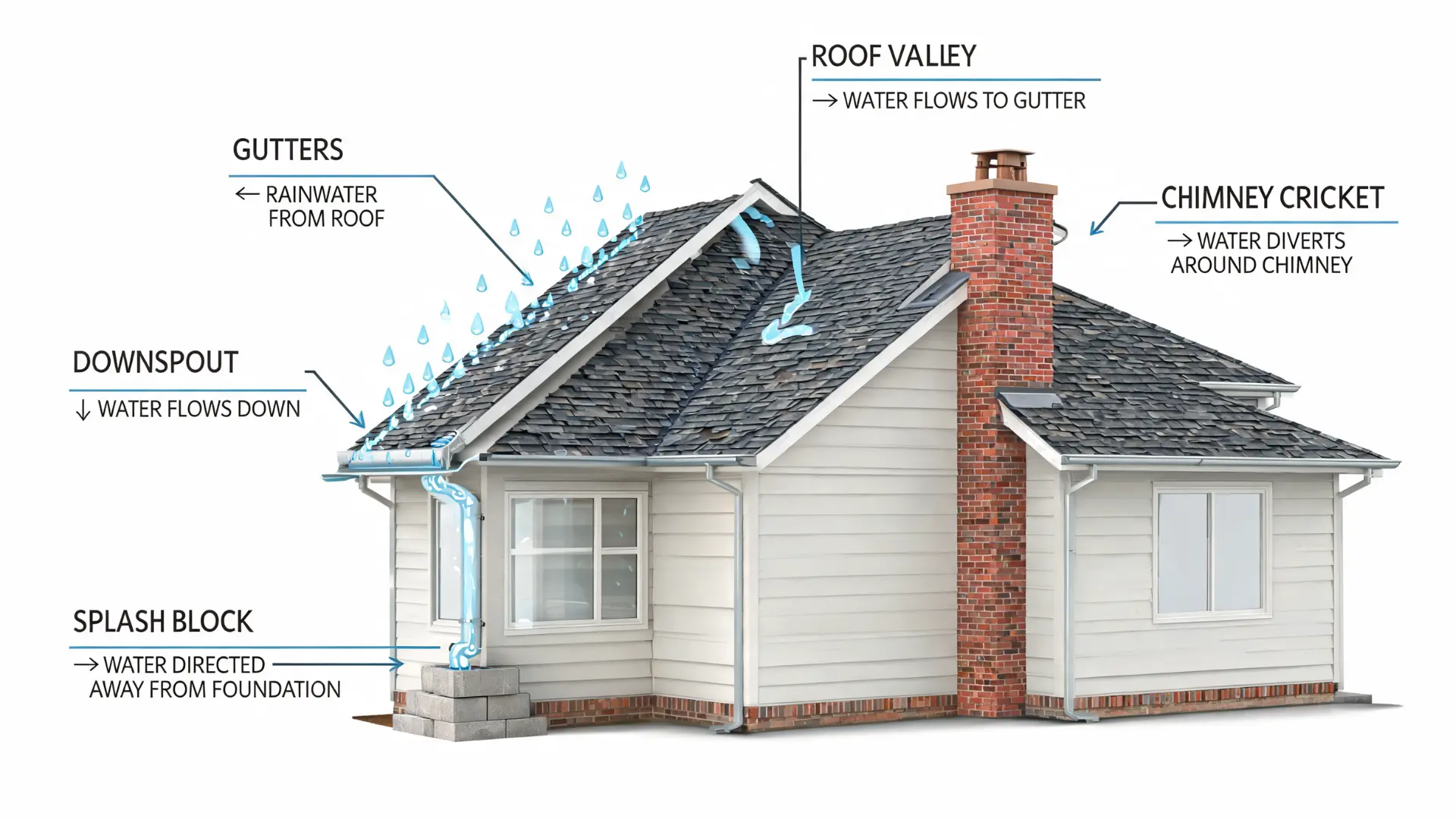 roof drainage diagram showing gutters downspouts valleys splash blocks and water flow on house roof