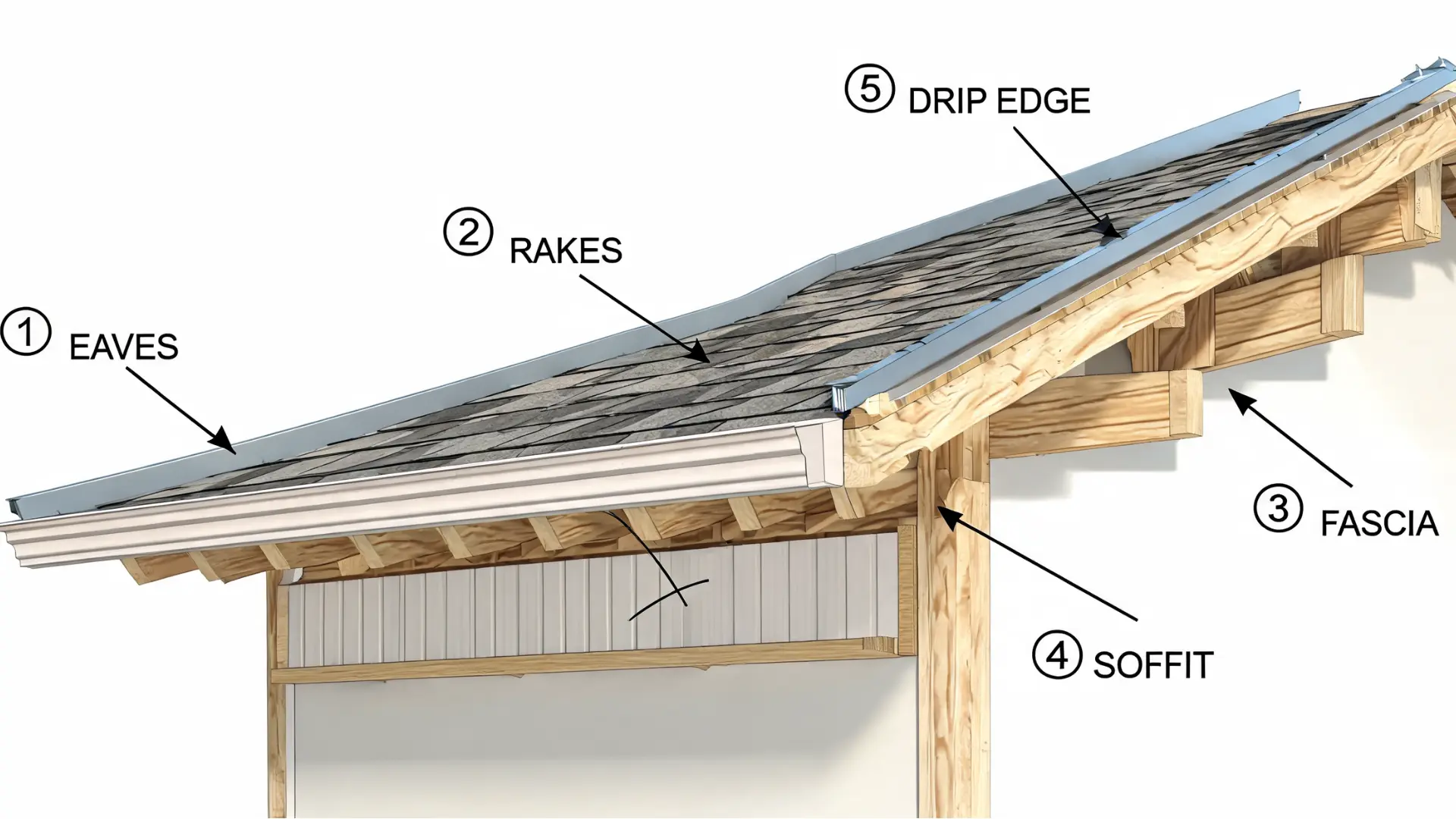 roof edge cutaway showing eaves rakes fascia soffit and drip edge on residential house structure