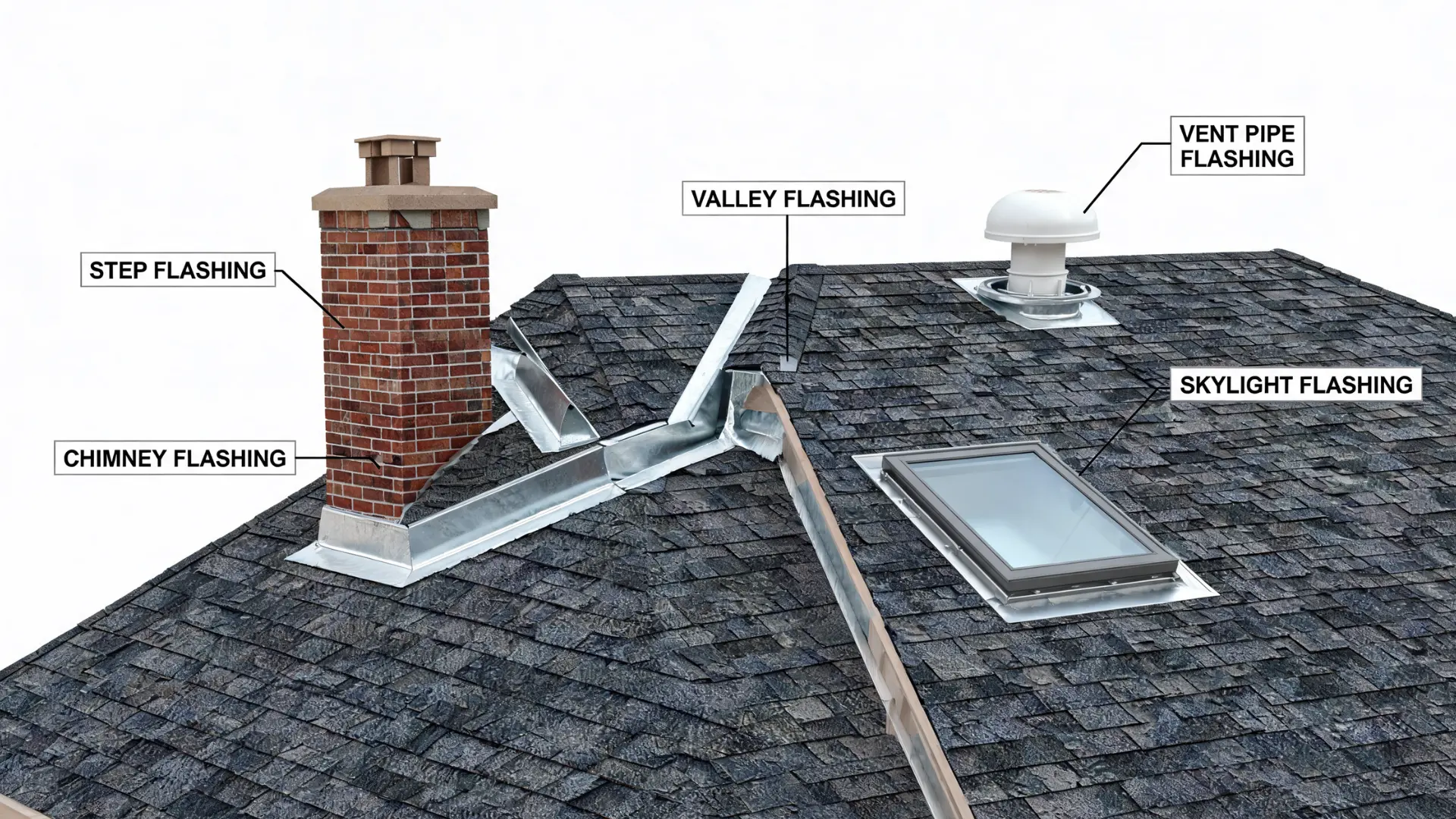 roof flashing diagram showing step flashing chimney flashing valley flashing vent pipe flashing and skylight flashing