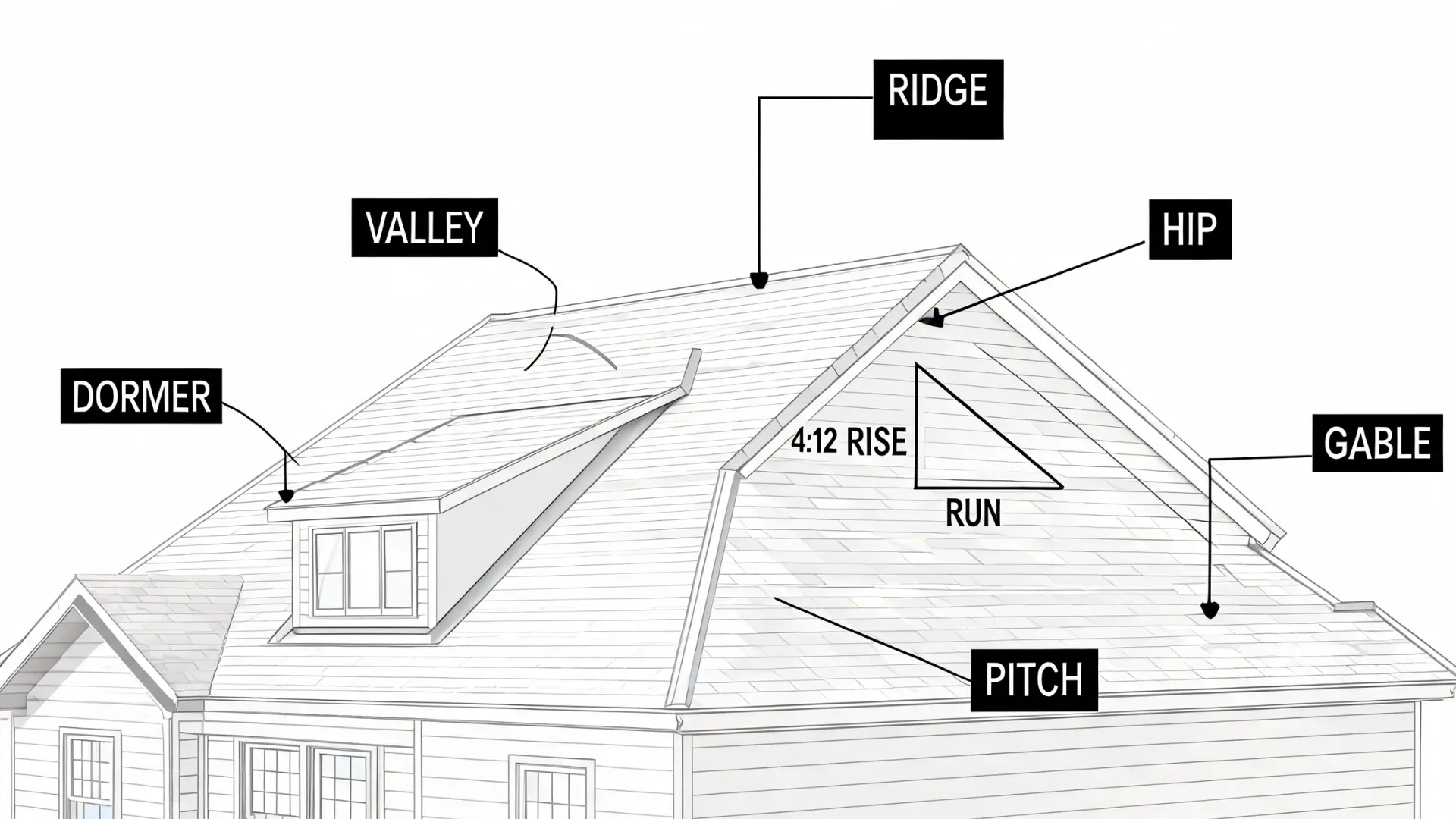 roof geometry diagram showing ridge hip valley gable dormer and pitch on residential house roof structure